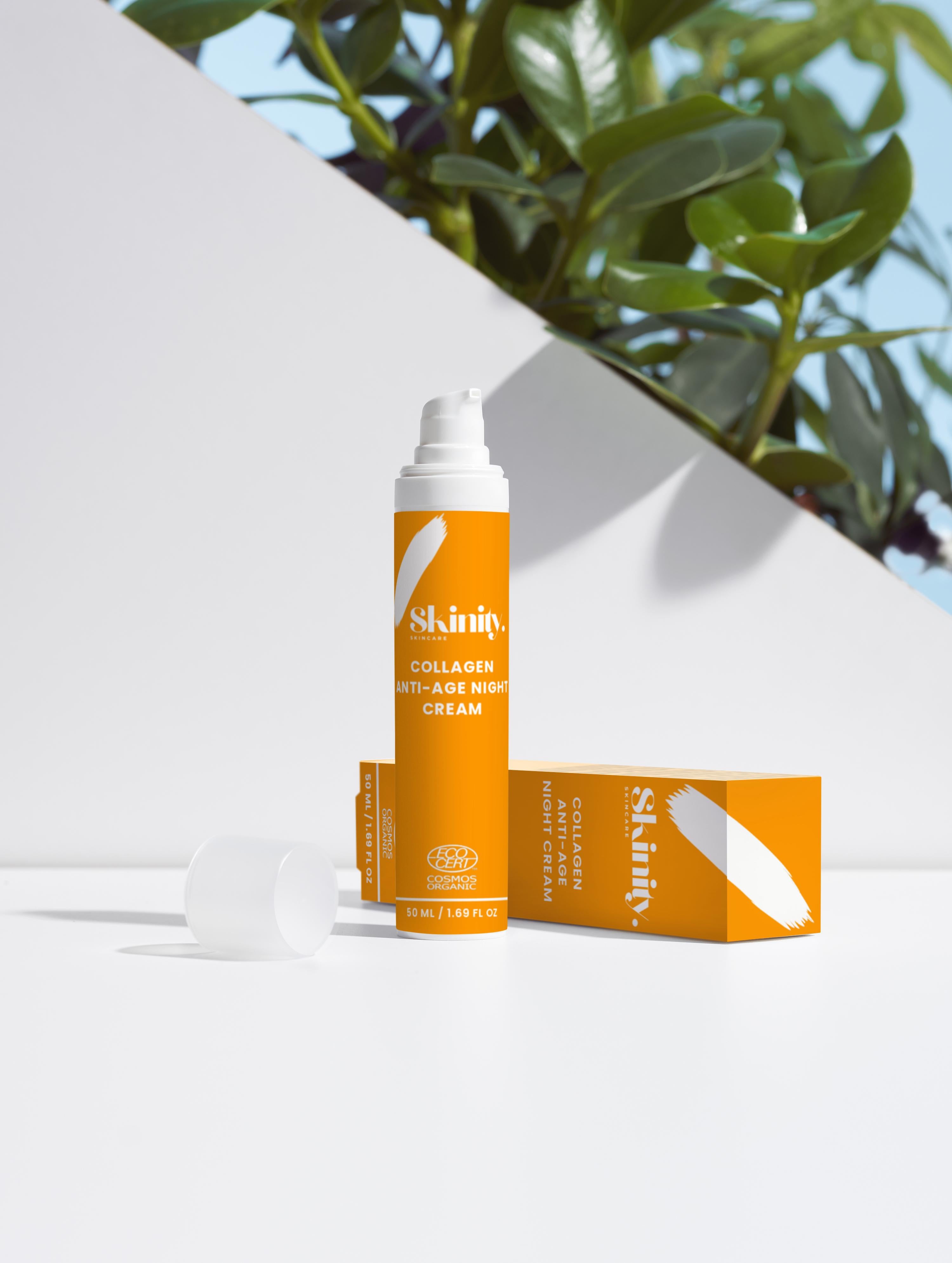 Collagen Anti-Age Night Cream for all Skin on a clean white background with green foliage.