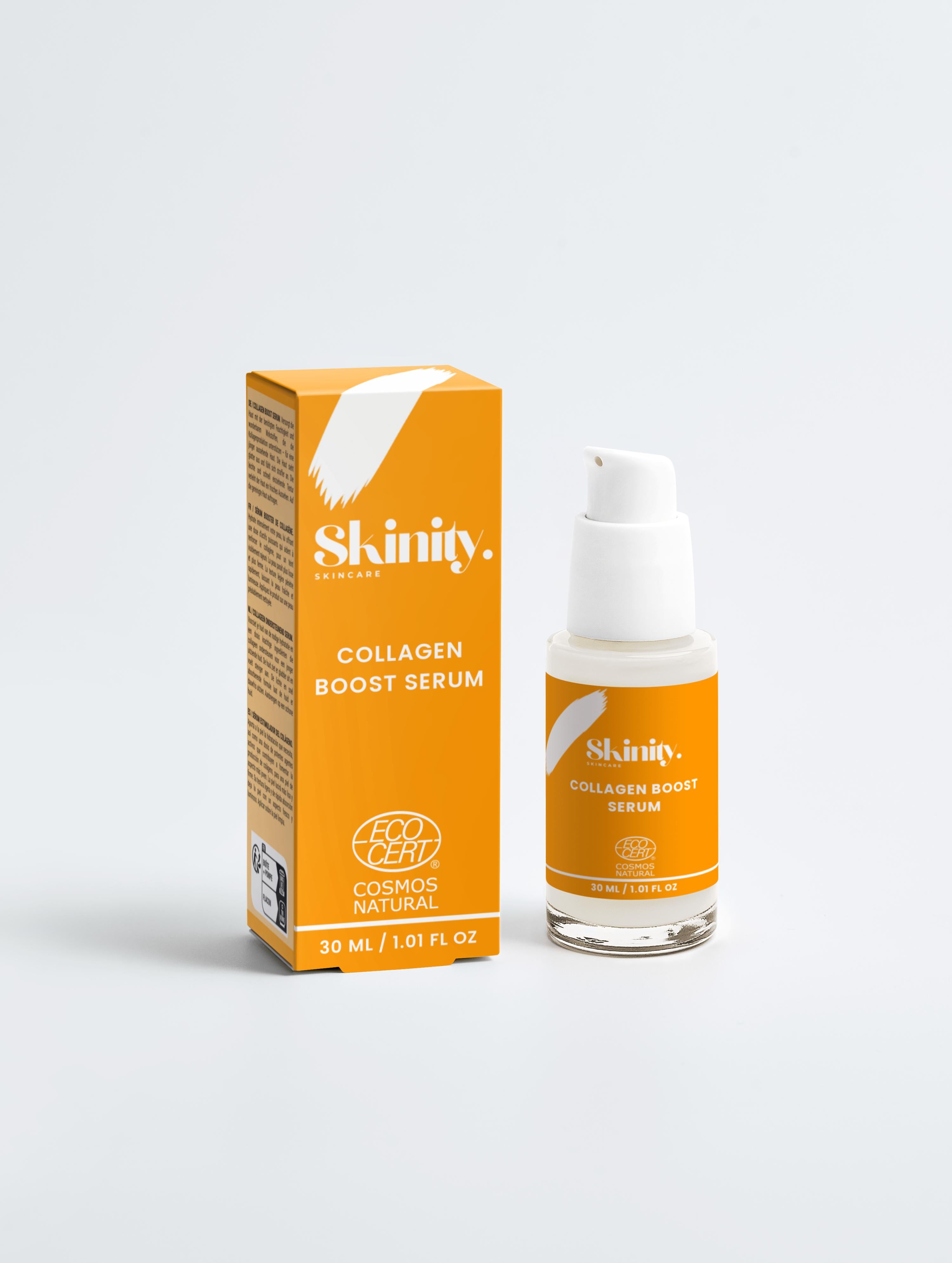 Collagen Boost Serum for All Skin in a clear bottle with orange packaging, promoting youthful and hydrated skin.