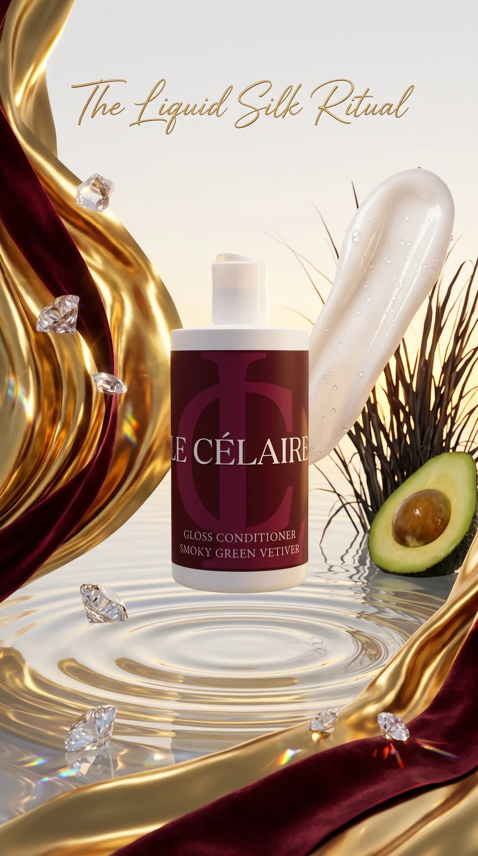 A bottle of Célèvre Gloss Conditioner labeled 'Smoky Green Vein' is centered in a stylized beauty ad. The bottle has a dark burgundy label with white text and a white cap.