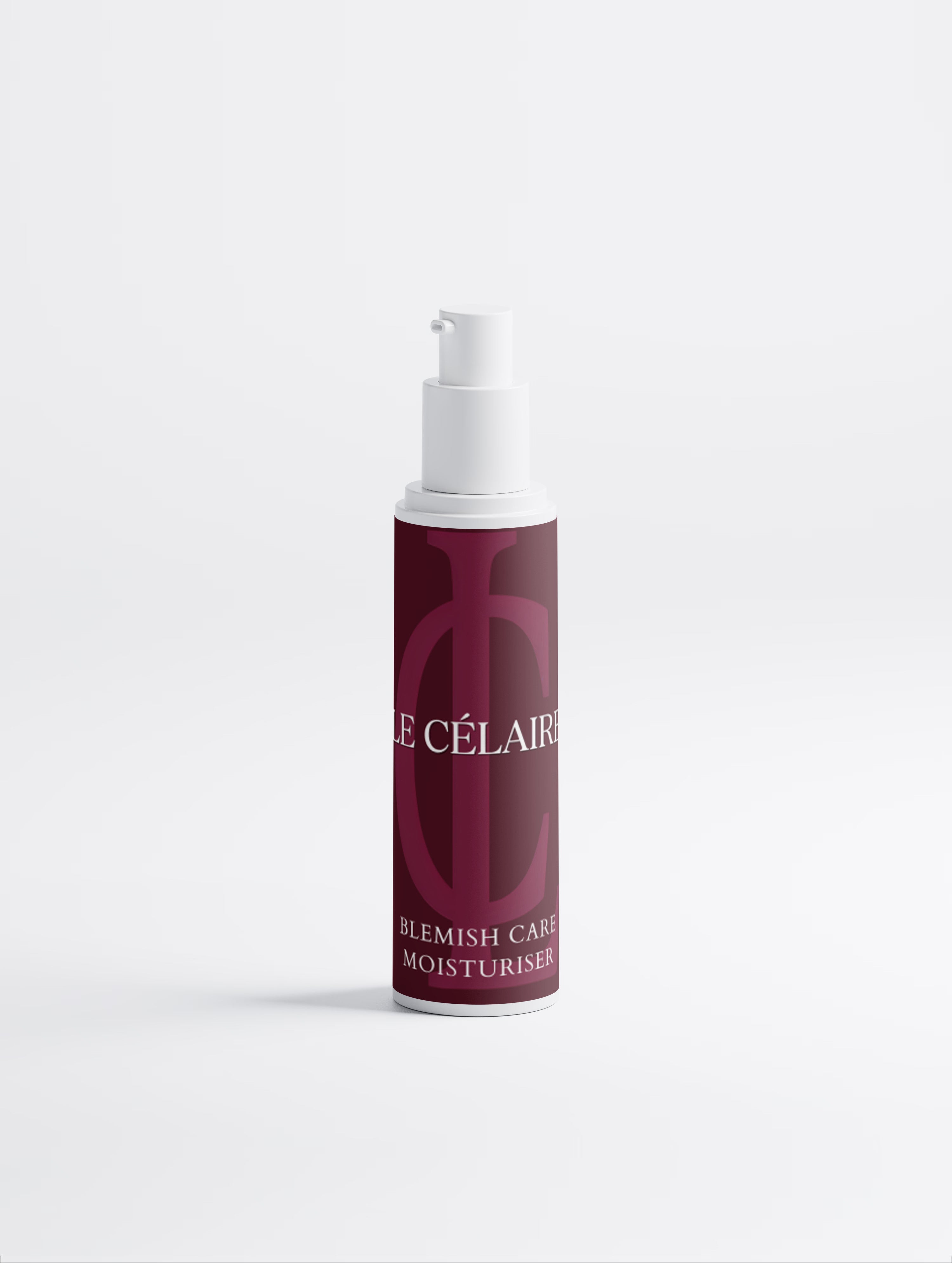 A bottle of Célaires Blemish Care Moisturiser with a white pump dispenser and a deep burgundy label, set against a clean white background.