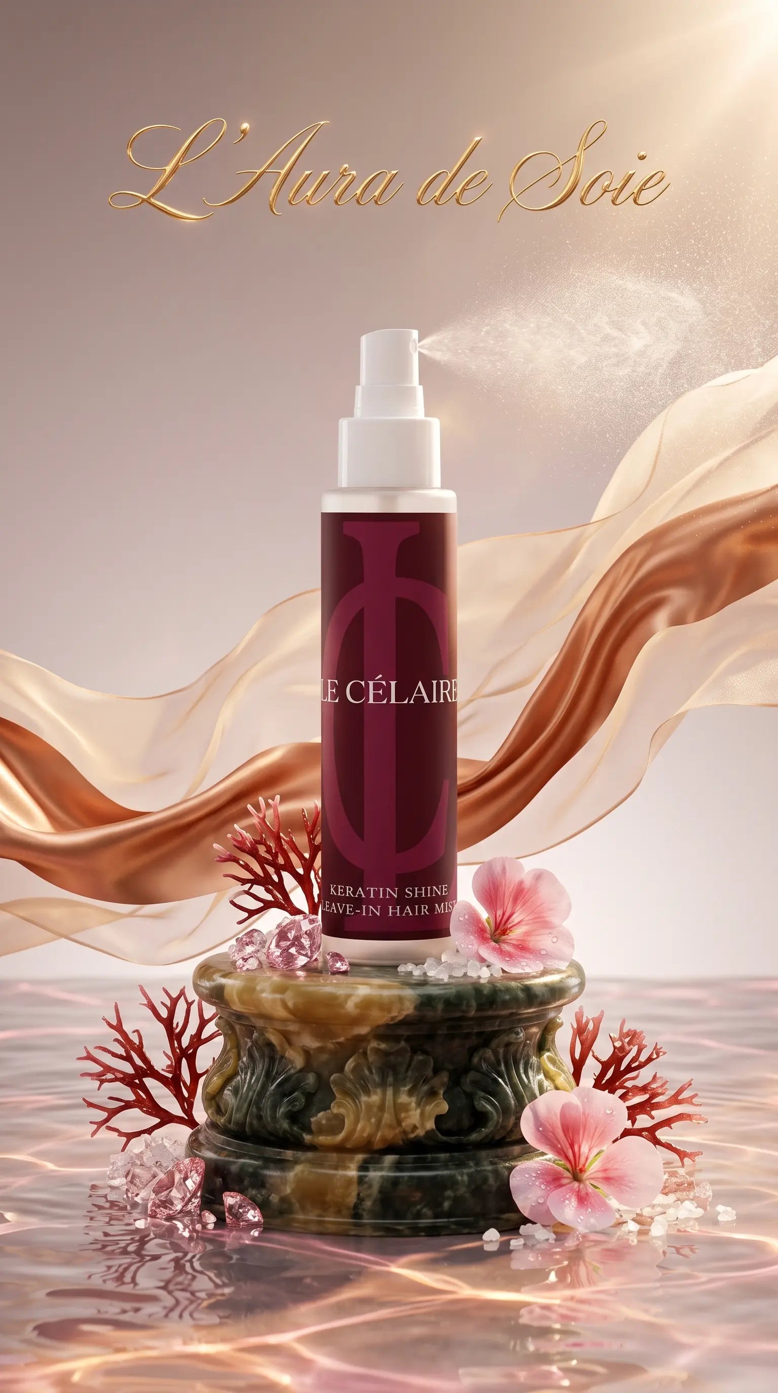 A bottle of Célaires L'Aura de Soie hair spray stands on a decorative stone pedestal with pink flowers and flowing satin-like ribbons in a warm, polished studio composition.