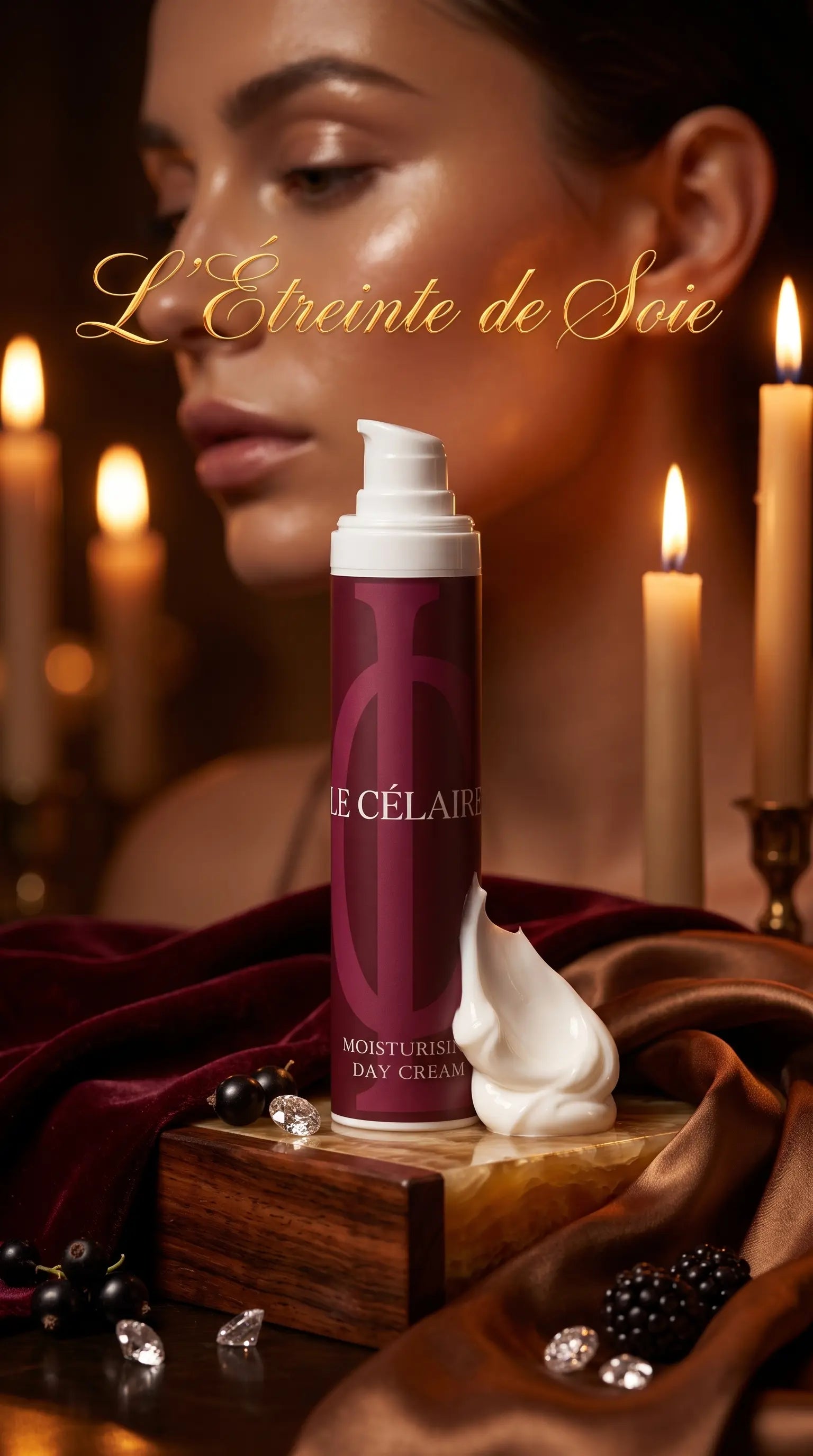 A bottle of Le Céléste Moisturizing Day Cream is displayed on a wooden block with a dollop of white cream beside it, set against a luxurious background featuring a woman's face, lit candles, and draped burgundy silk.