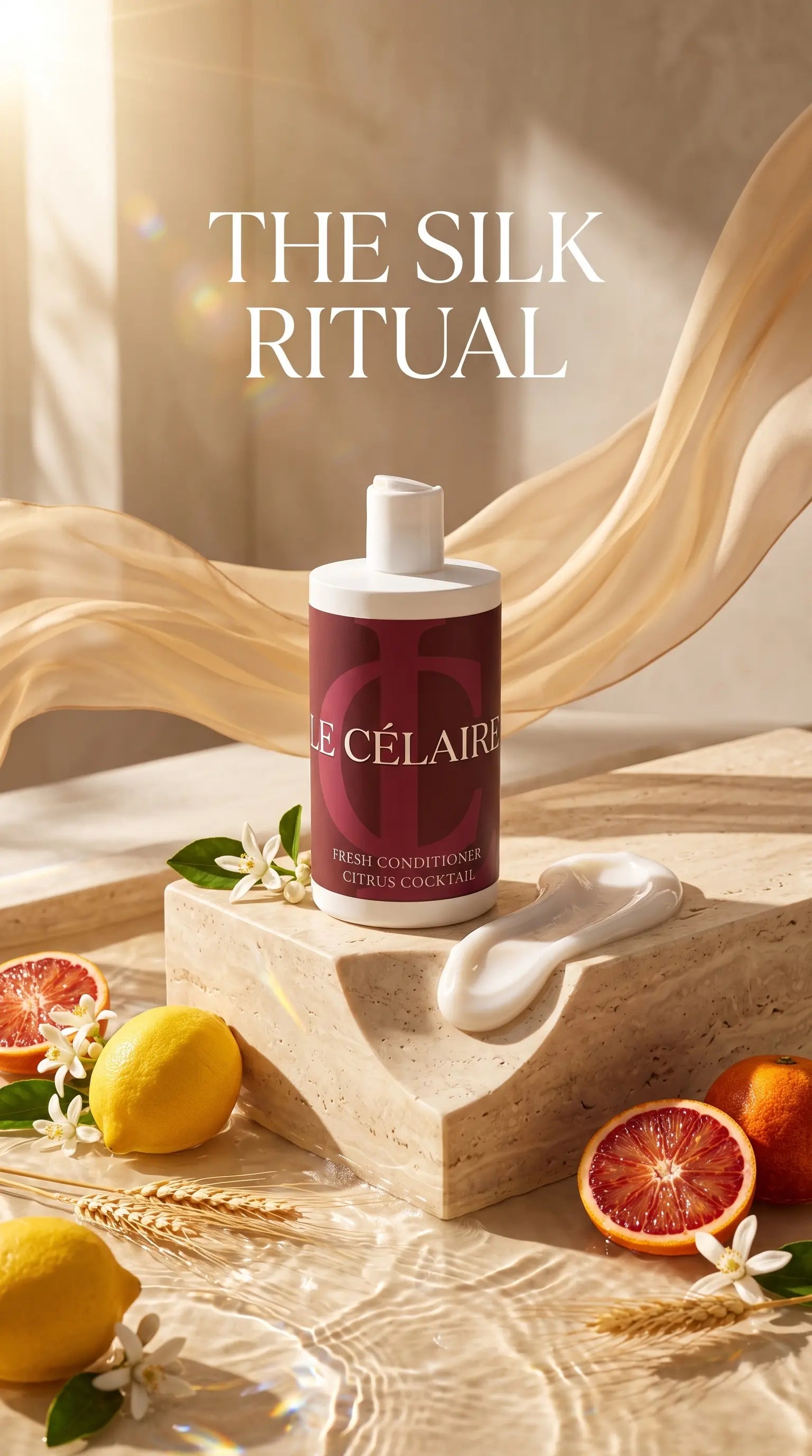 A bottle of Le Célairé Fresh Conditioner stands on a stone pedestal in a styled studio scene with flowing beige fabric, lemons, blood oranges, wheat, and white flowers. Large text at the top reads “THE SILK RITUAL.