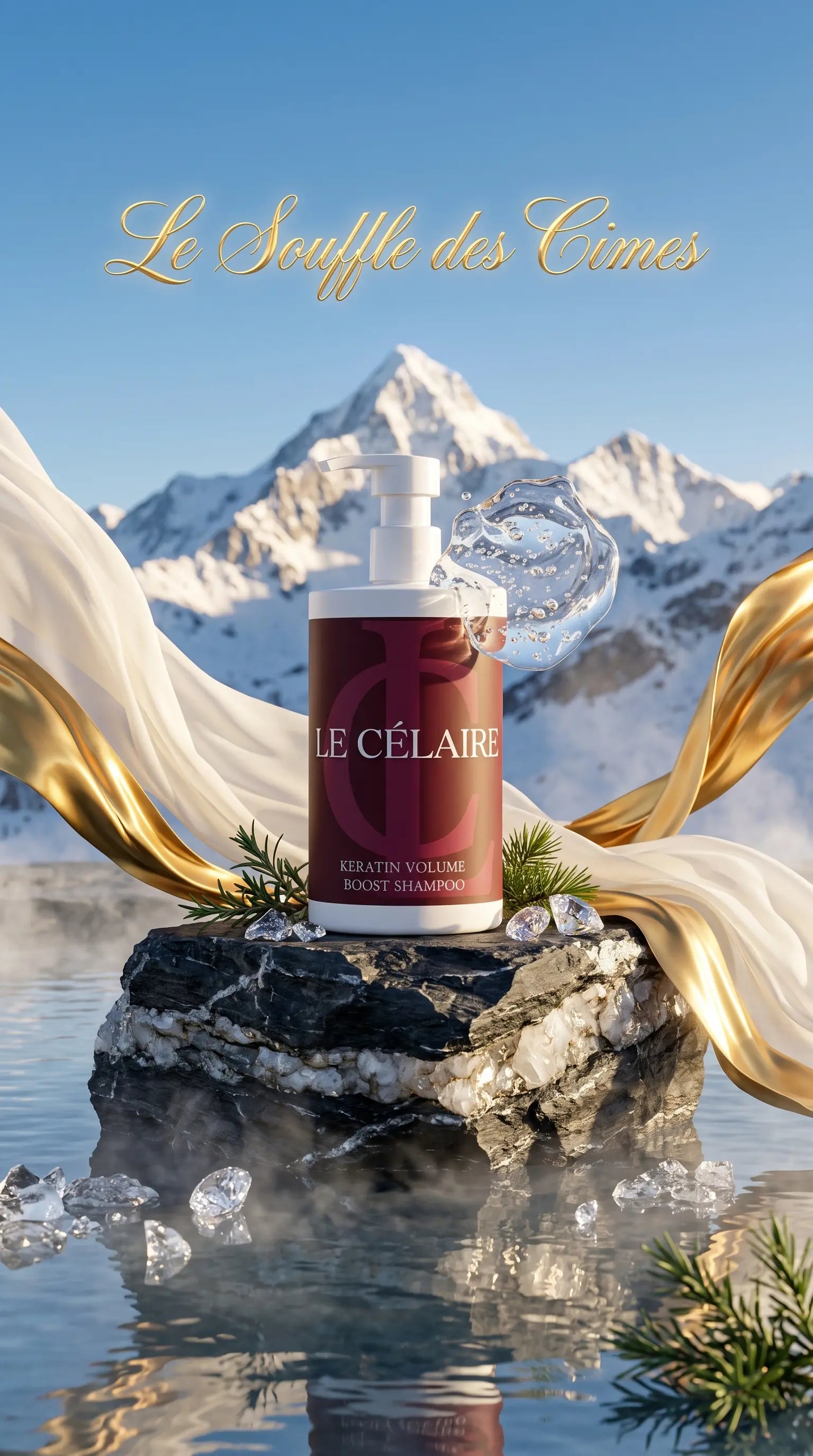 A bottle of Le Célaire Healthy Volume Roast Shampoo stands on a dark rock in a snowy mountain setting with water, ice, flowing white fabric, and gold ribbons. The text 'Le Souffle des Cimes' appears at the top.