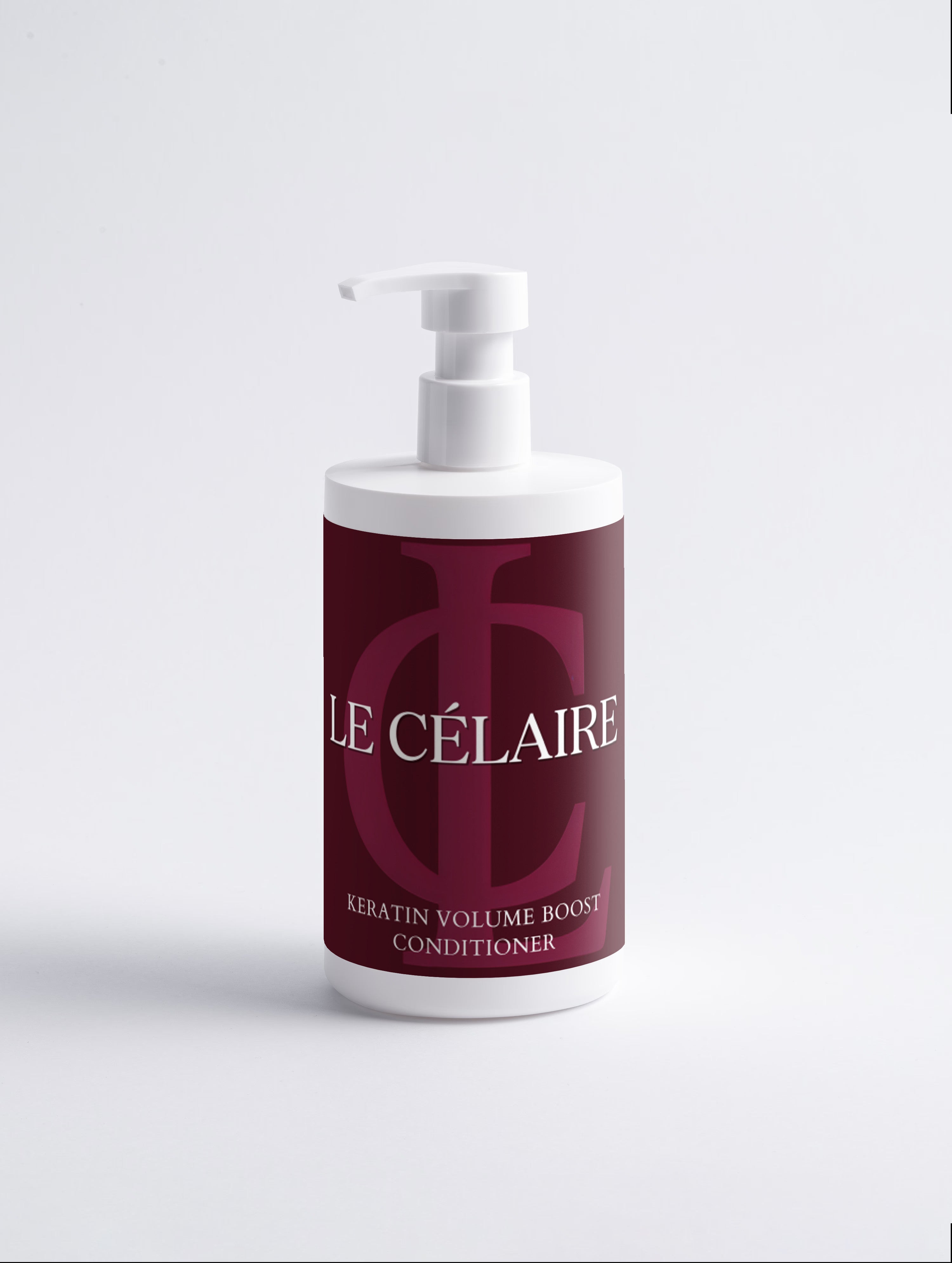 A bottle of Le Célaire Keratin Volume Boost Conditioner with a white pump dispenser and a deep burgundy label, set against a clean white background.