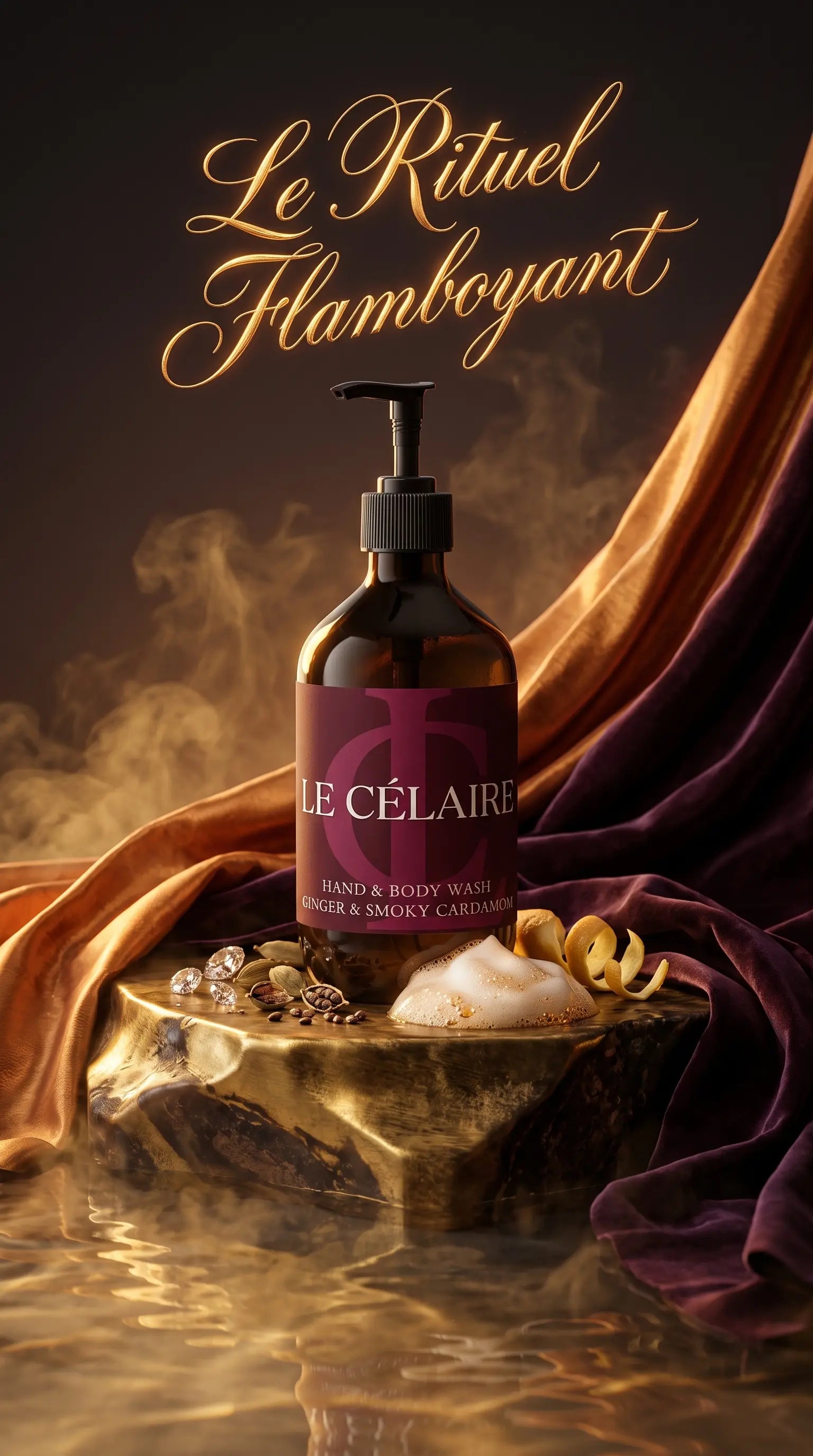 A bottle of Le Célaire hand and body wash labeled 'Succulents & Smoky Campfire' displayed on a reflective gold stone with decorative props, set against a dark background with draped purple and gold fabric and the text 'Le Rituel Flamboyant'.