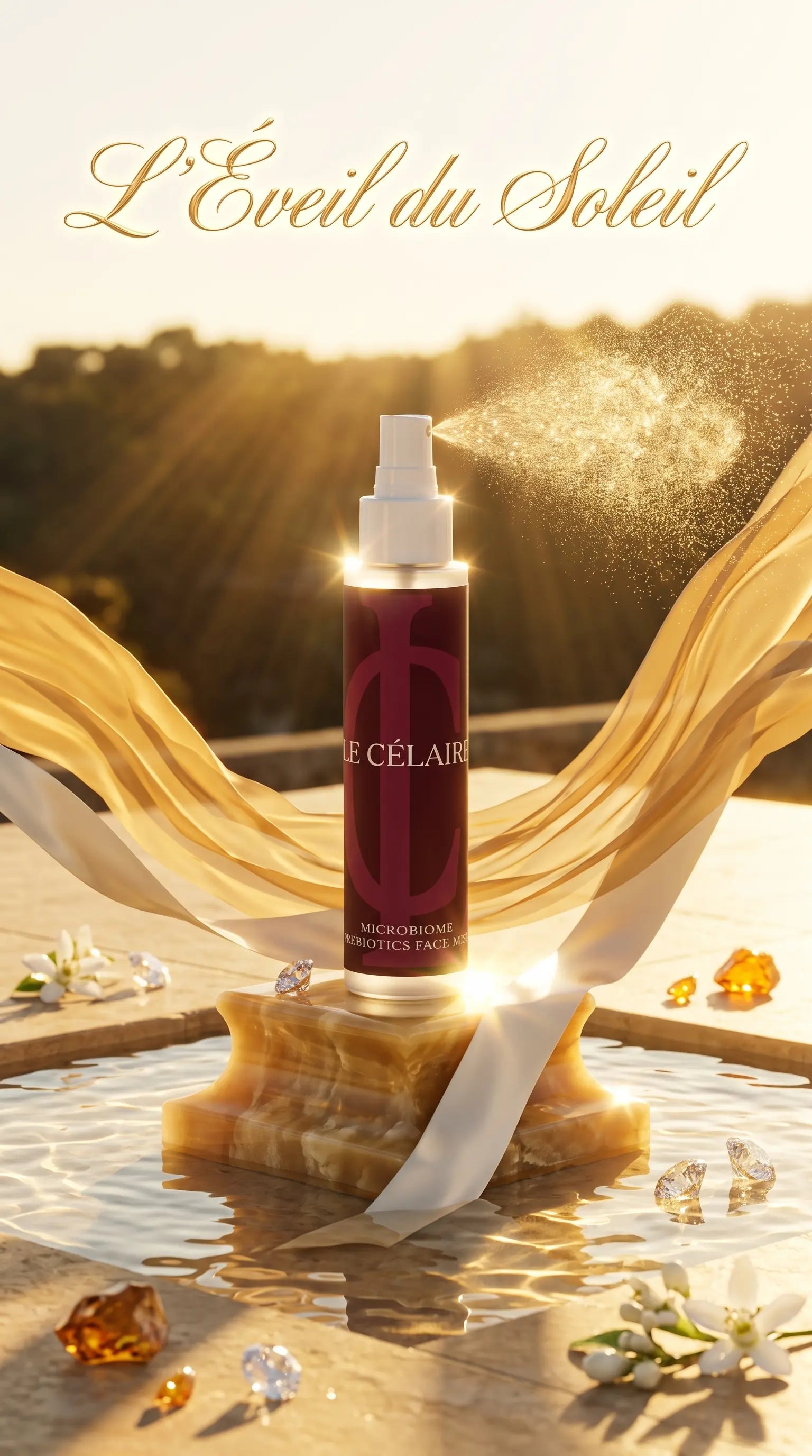 A bottle of Le Cléraïre L'Éveil du Soleil skin booster spray stands on a stone pedestal in a reflective pool, with golden light rays, flowing fabric, and scattered flower petals around it.