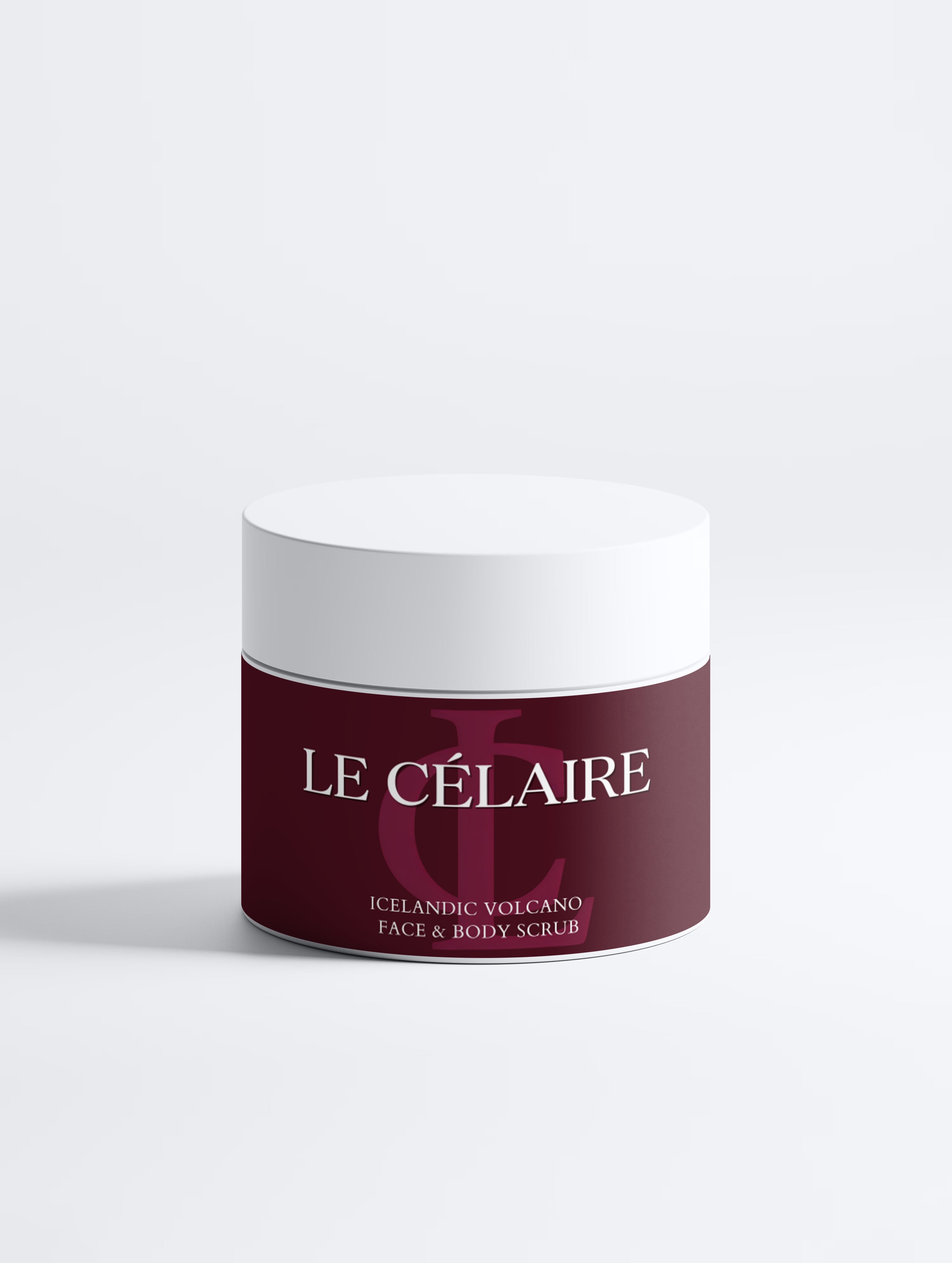 A jar of Le Célaire Icelandic Varcano Face & Body Scrub, featuring a deep burgundy label with white lettering and a white lid, set against a clean white background.