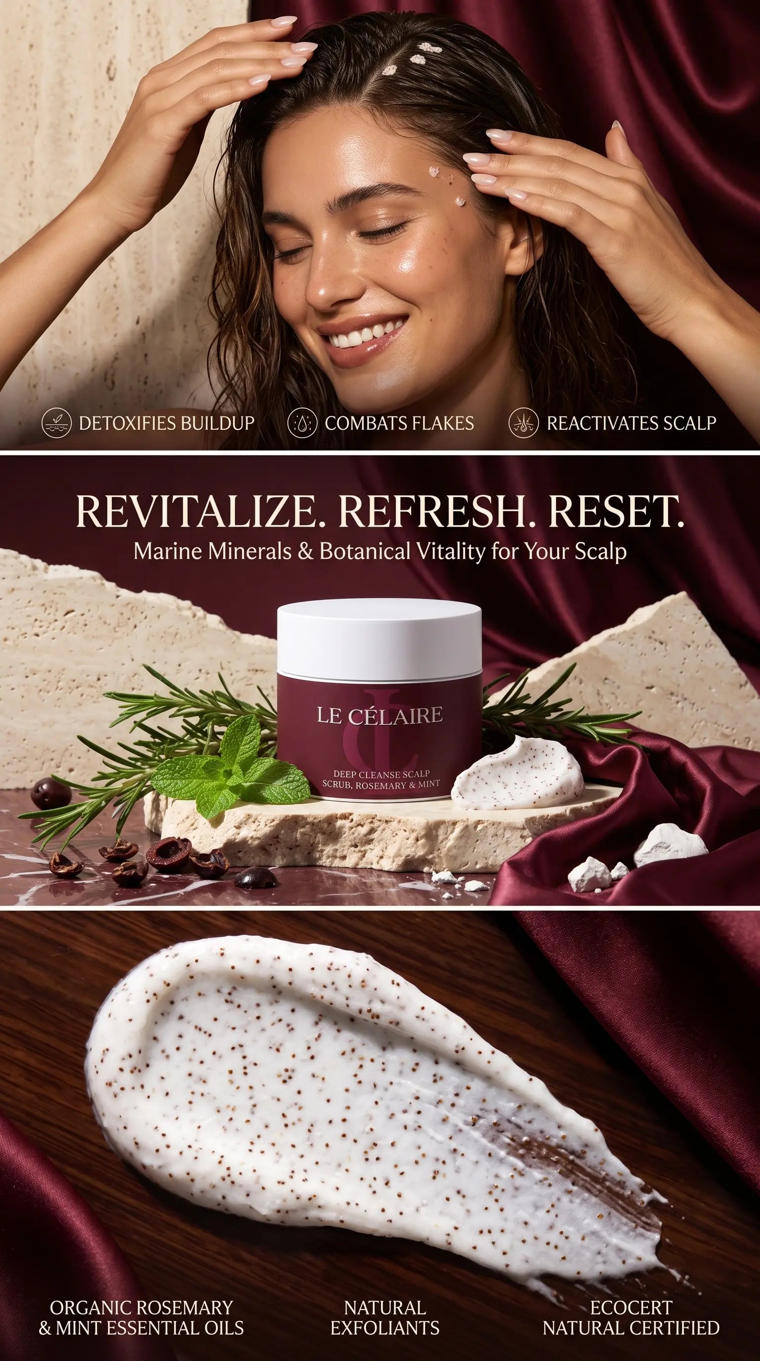 A promotional beauty ad for Le Célère scalp care product. The top half shows a smiling woman with hands in her hair against draped burgundy fabric and stone.