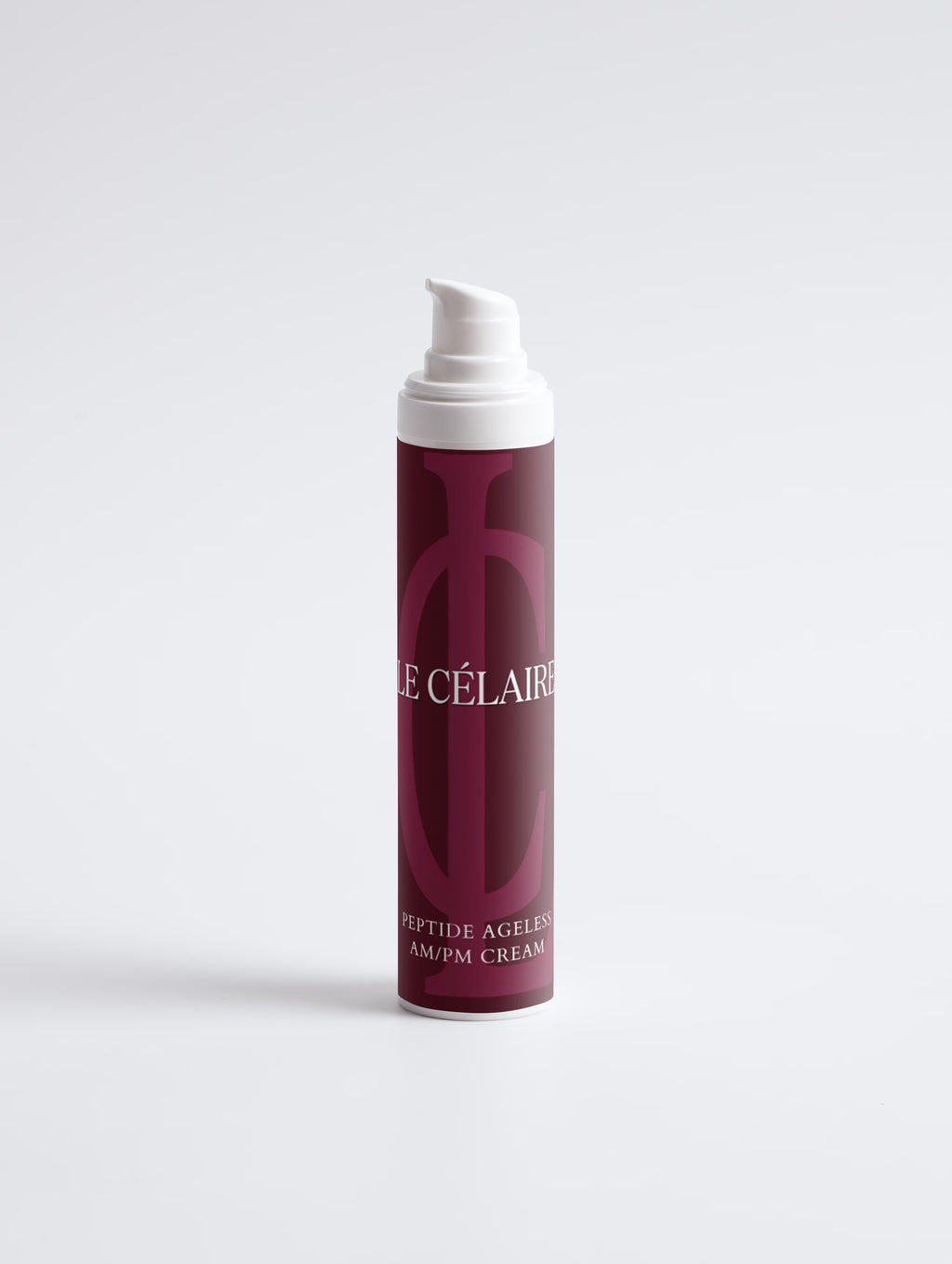 A single bottle of Célaires Peptide Age-Lessening Amp-Cream standing upright on a light gray studio background.