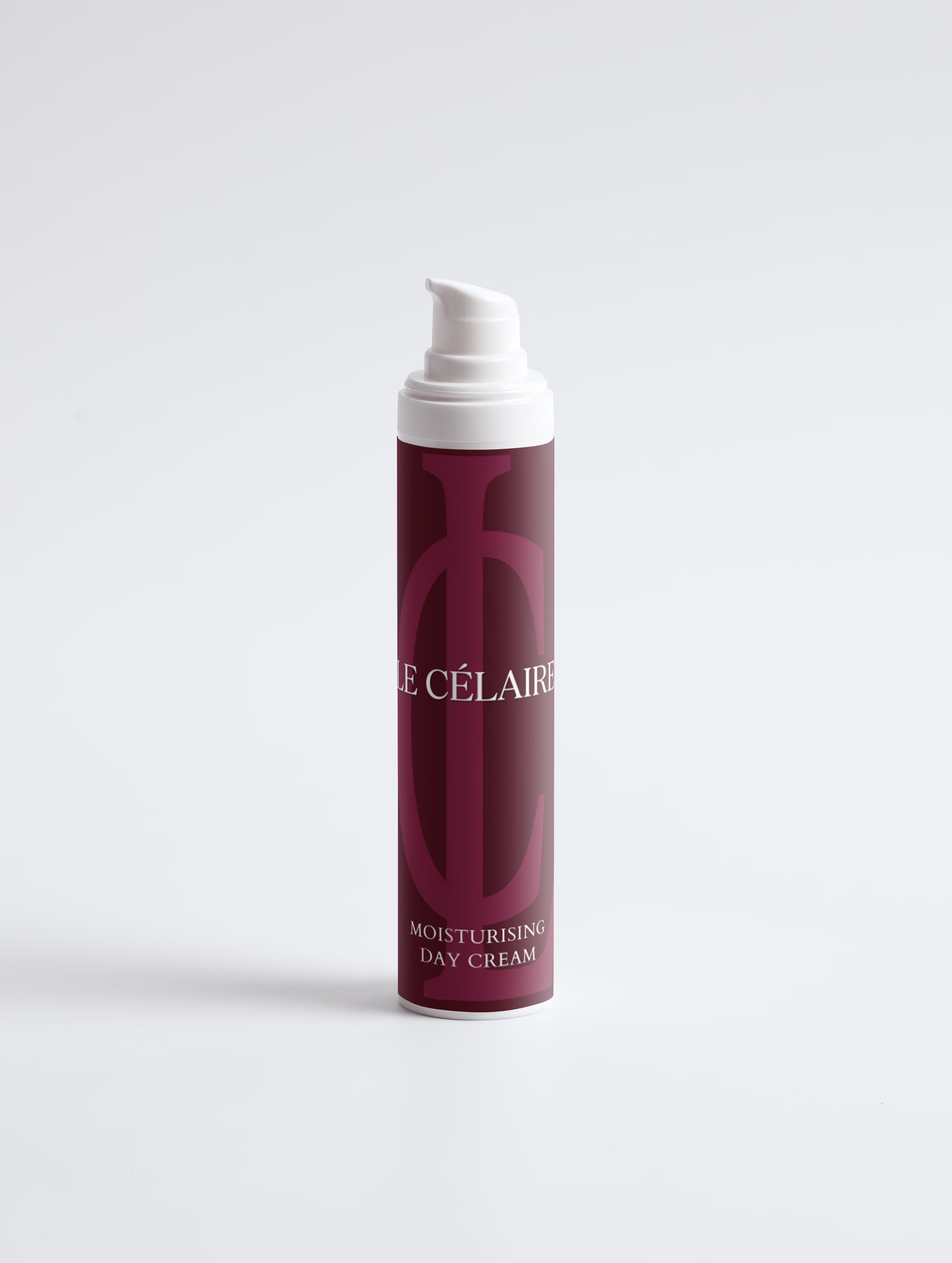 A single pump bottle of Célaires Moisturising Day Cream standing upright on a clean white studio background.