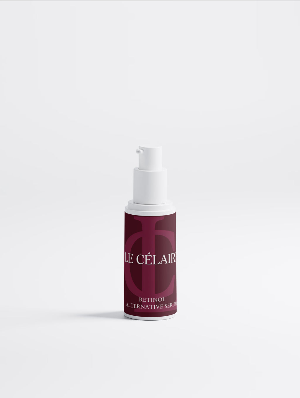 A small cosmetic pump bottle with a white pump and a deep burgundy label reading 'LE CÉLAIRE' and 'EXTINCTION ALTERNATIVE SÉRUM', centered on a clean light gray background.