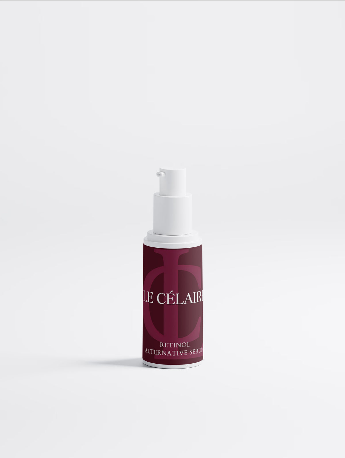 A small cosmetic pump bottle with a white pump and a deep burgundy label reading 'LE CÉLAIRE' and 'EXTINCTION ALTERNATIVE SÉRUM', centered on a clean light gray background.
