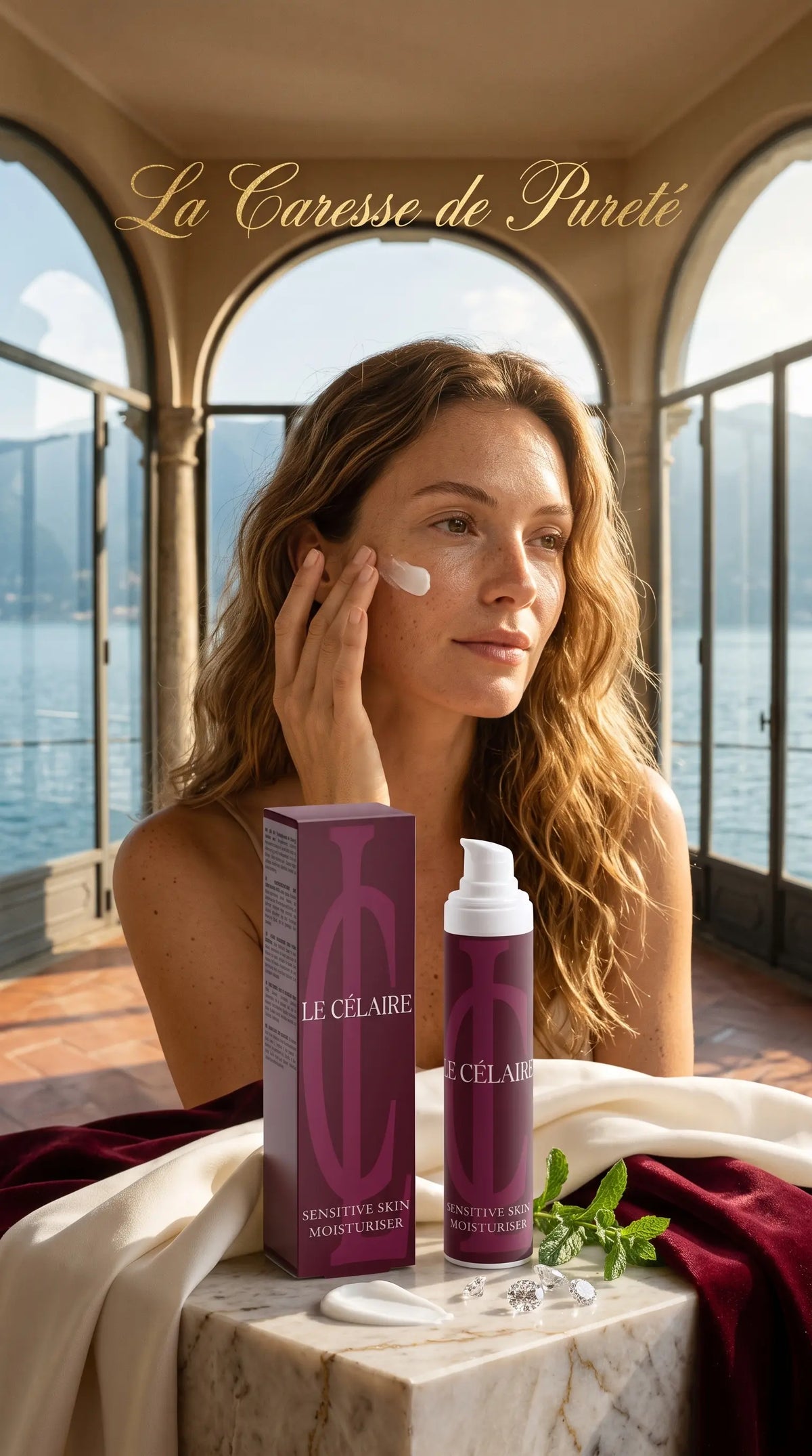 A woman applies cream to her face while seated by large arched windows overlooking water. In the foreground on a marble table are two purple cosmetic products from Le Ciel Air, including a box and pump bottle, with draped cream and a small sprig of greenery nearby.
