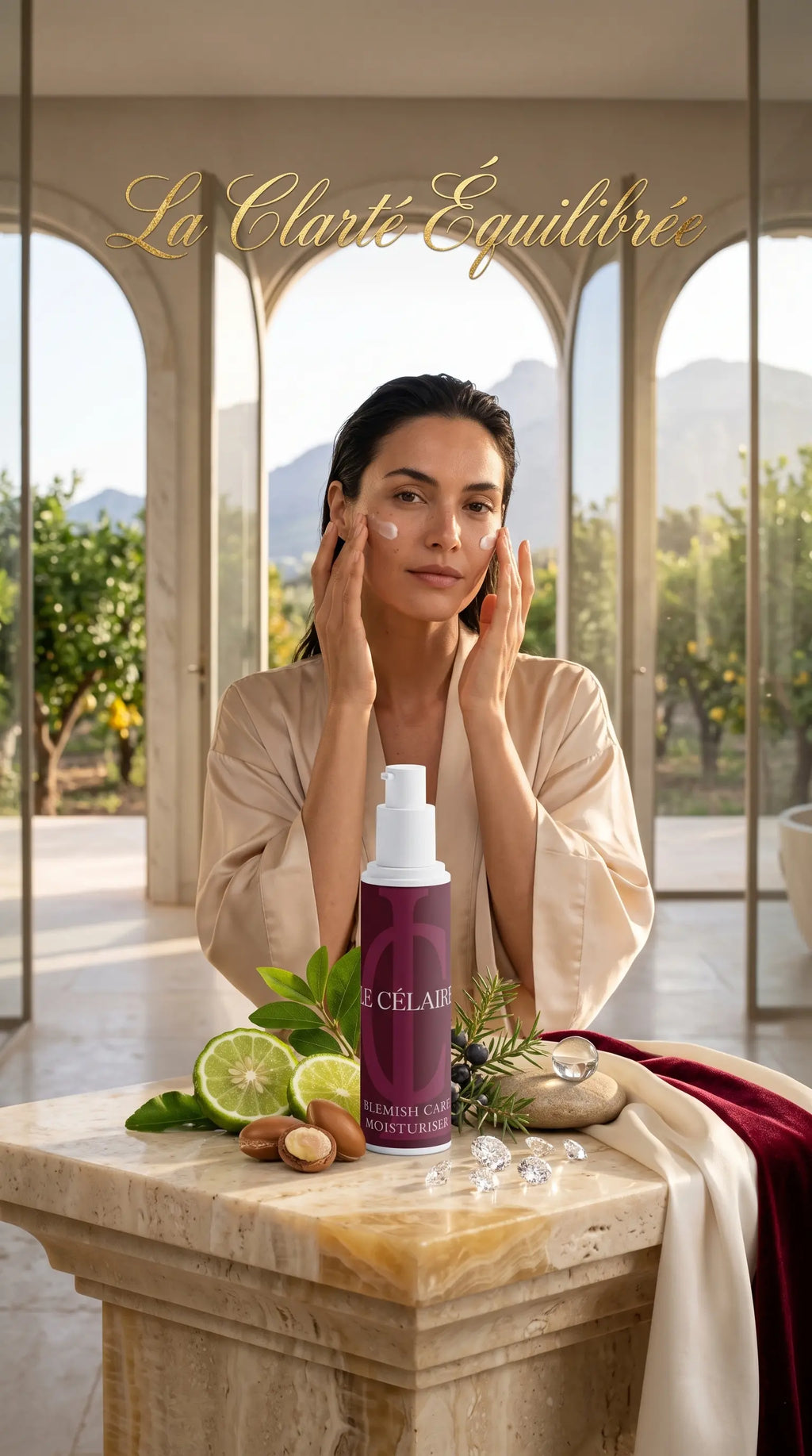 A woman in a beige robe applies cream to her face while standing behind a marble counter displaying a purple skincare bottle labeled 'La Clarté & Equilibriée' by 'Célari'. The scene is set in a sunlit courtyard with arches and greenery, with a draped red fabric on the counter.