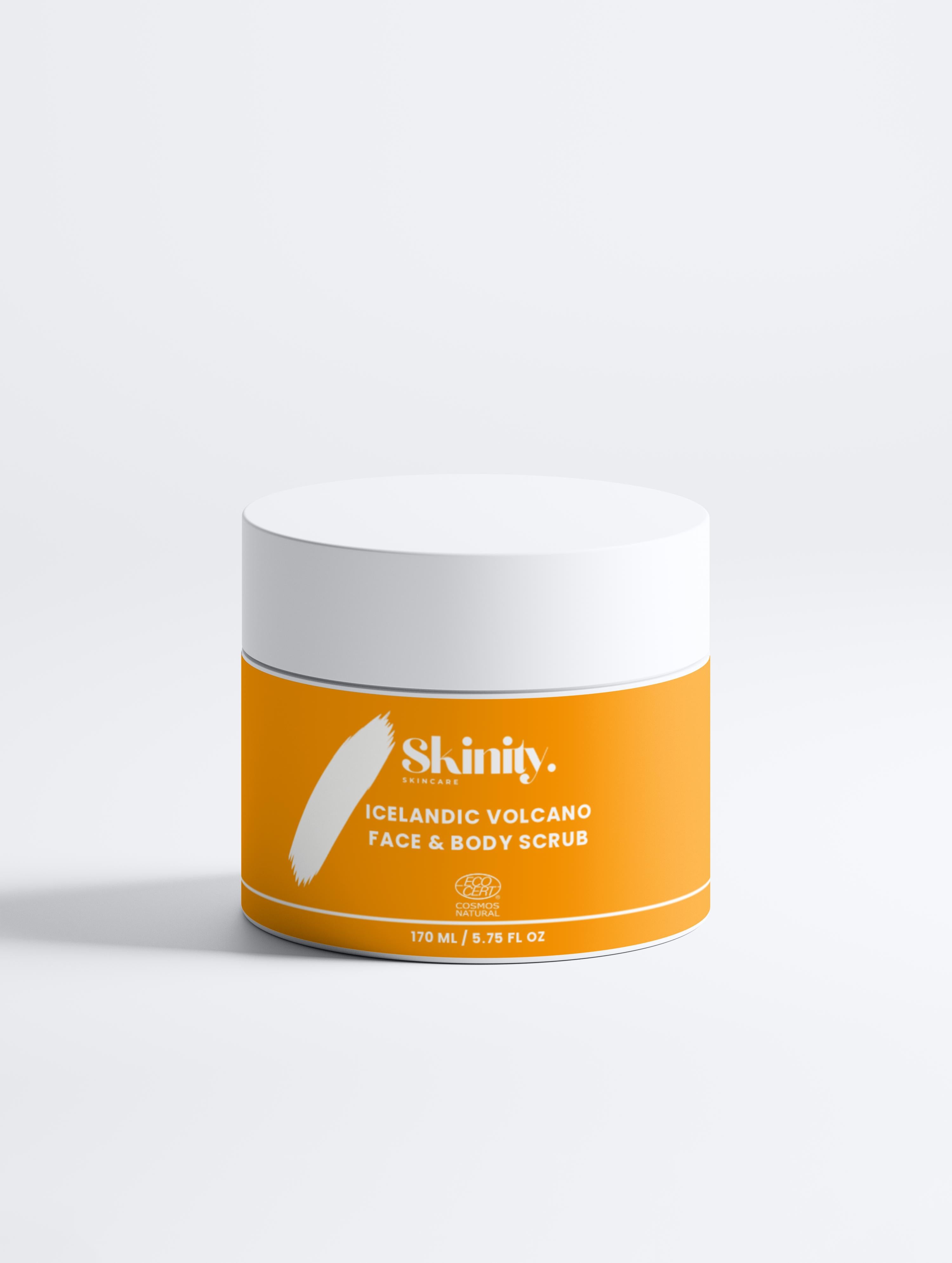 Icelandic Volcano Face and Body Scrub container with orange packaging and white lid, 170 mL size.