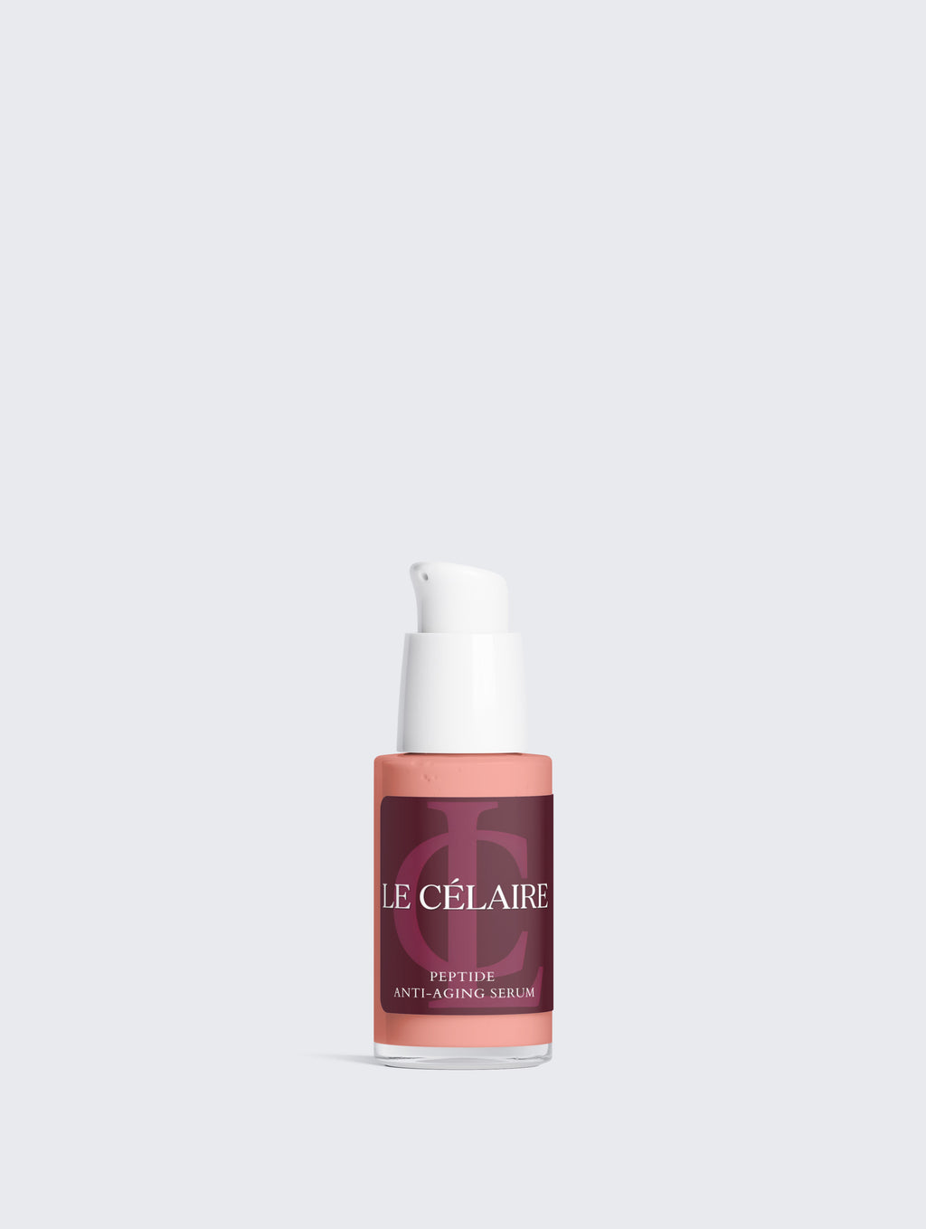 Le Célaire Peptide Anti-Aging Serum bottle in white room.