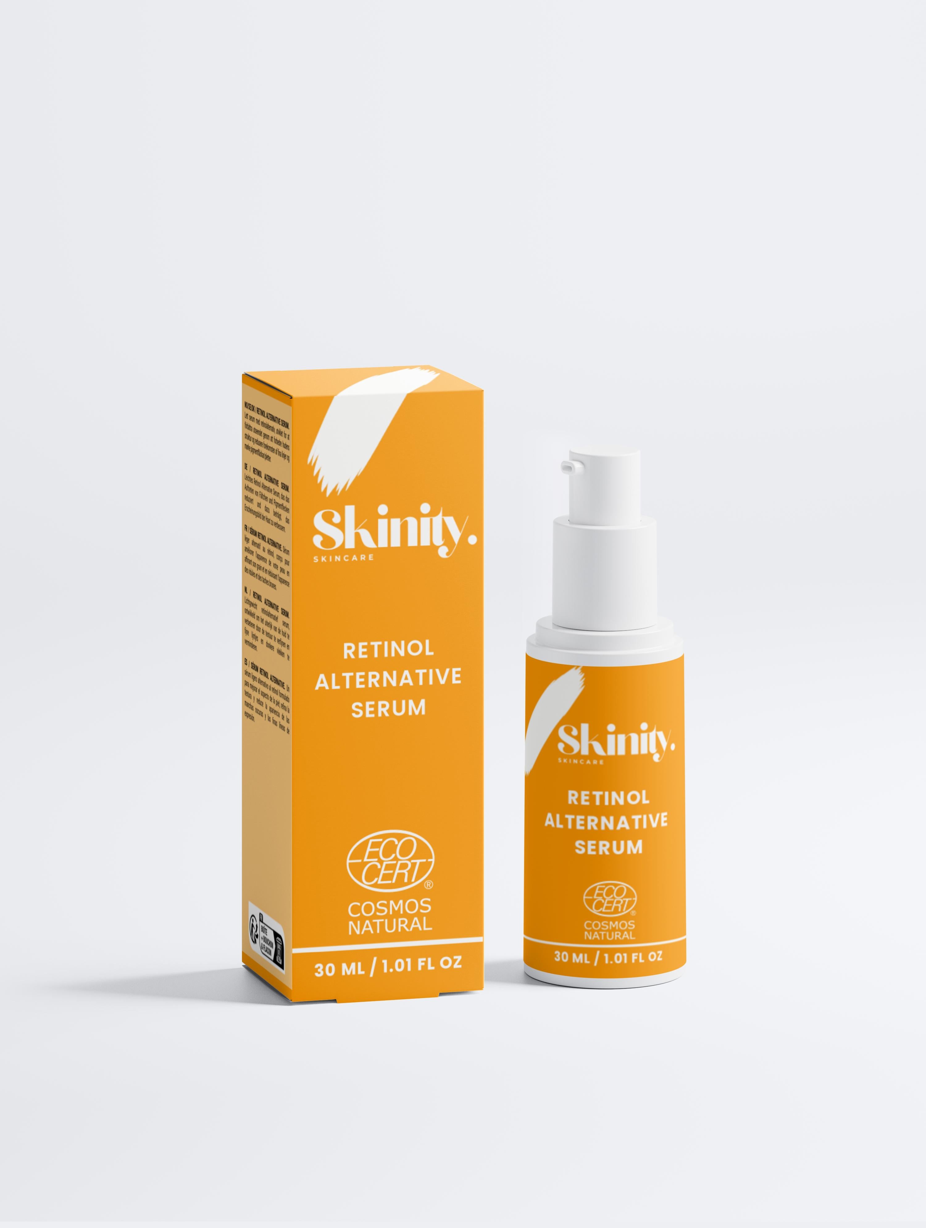 Retinol Alternative Serum For All Skin in a sleek orange packaging, designed to refine texture and reduce signs of aging.