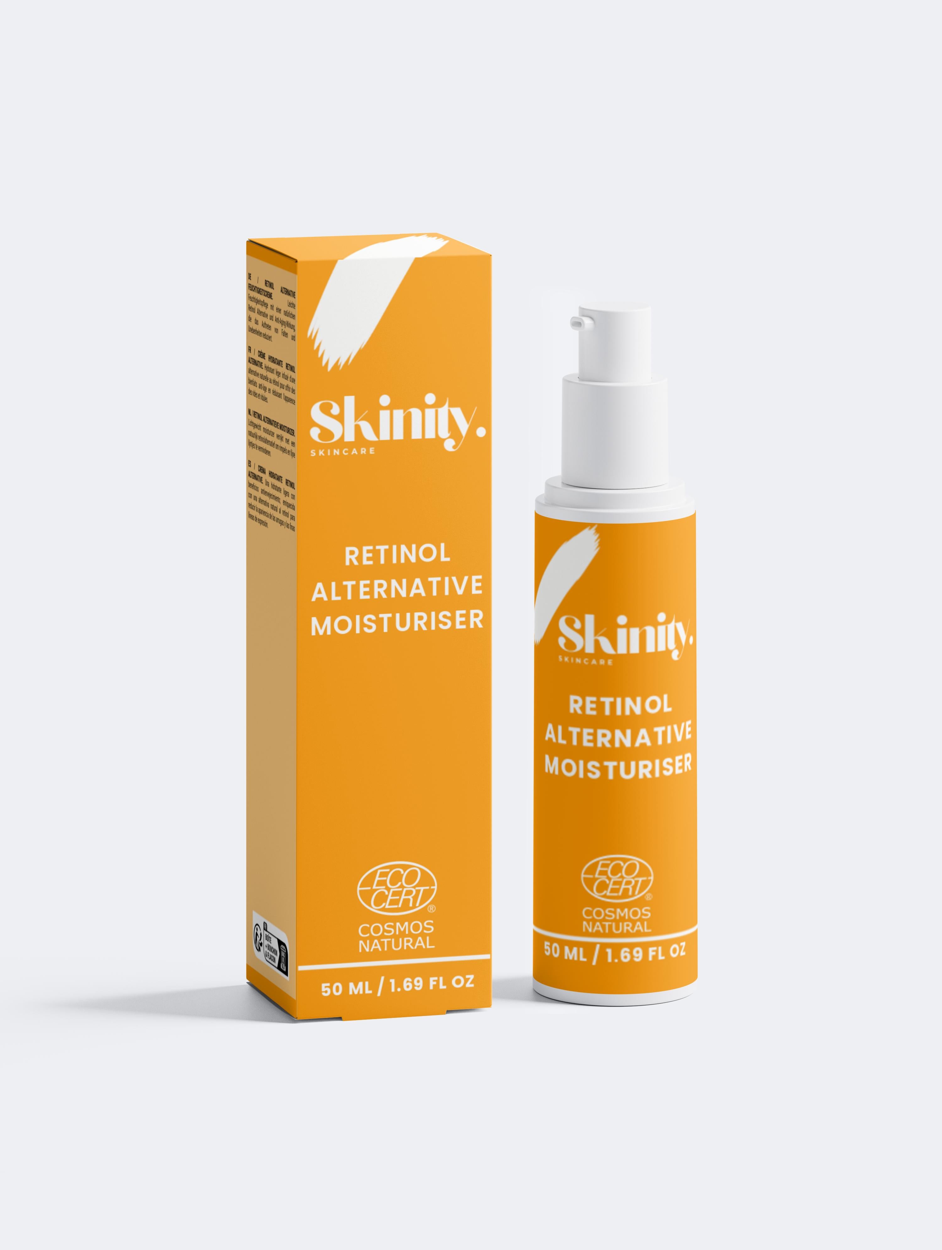 Retinol alternative moisturizer in a sleek container with vibrant packaging, designed for anti-aging benefits.