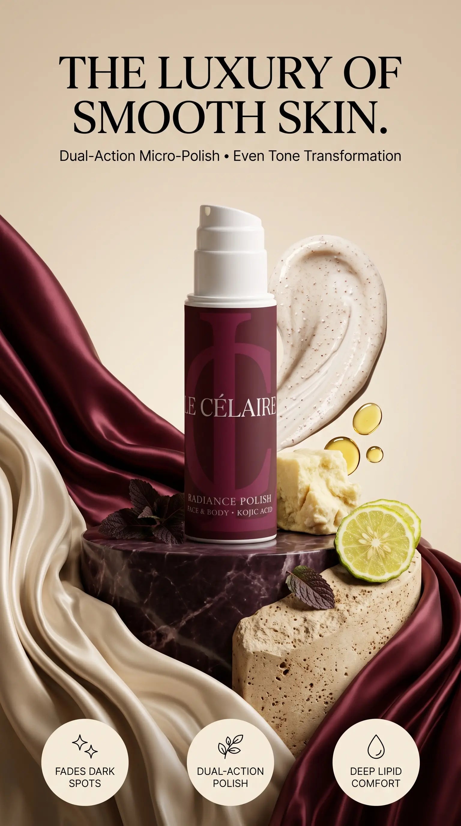 Célère Radiance Polish bottle displayed on a marble pedestal with draped burgundy and cream silk, a cream swipe, balm, and lime slices. Text at top reads 'THE LUXURY OF SMOOTH SKIN.