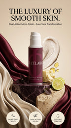 Célère Radiance Polish bottle displayed on a marble pedestal with draped burgundy and cream silk, a cream swipe, balm, and lime slices. Text at top reads 'THE LUXURY OF SMOOTH SKIN.