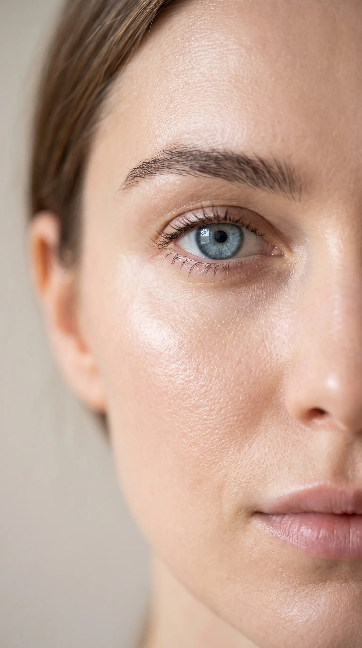 Close-up of a woman's face showing clear, radiant skin and a bright blue eye against a soft neutral background.