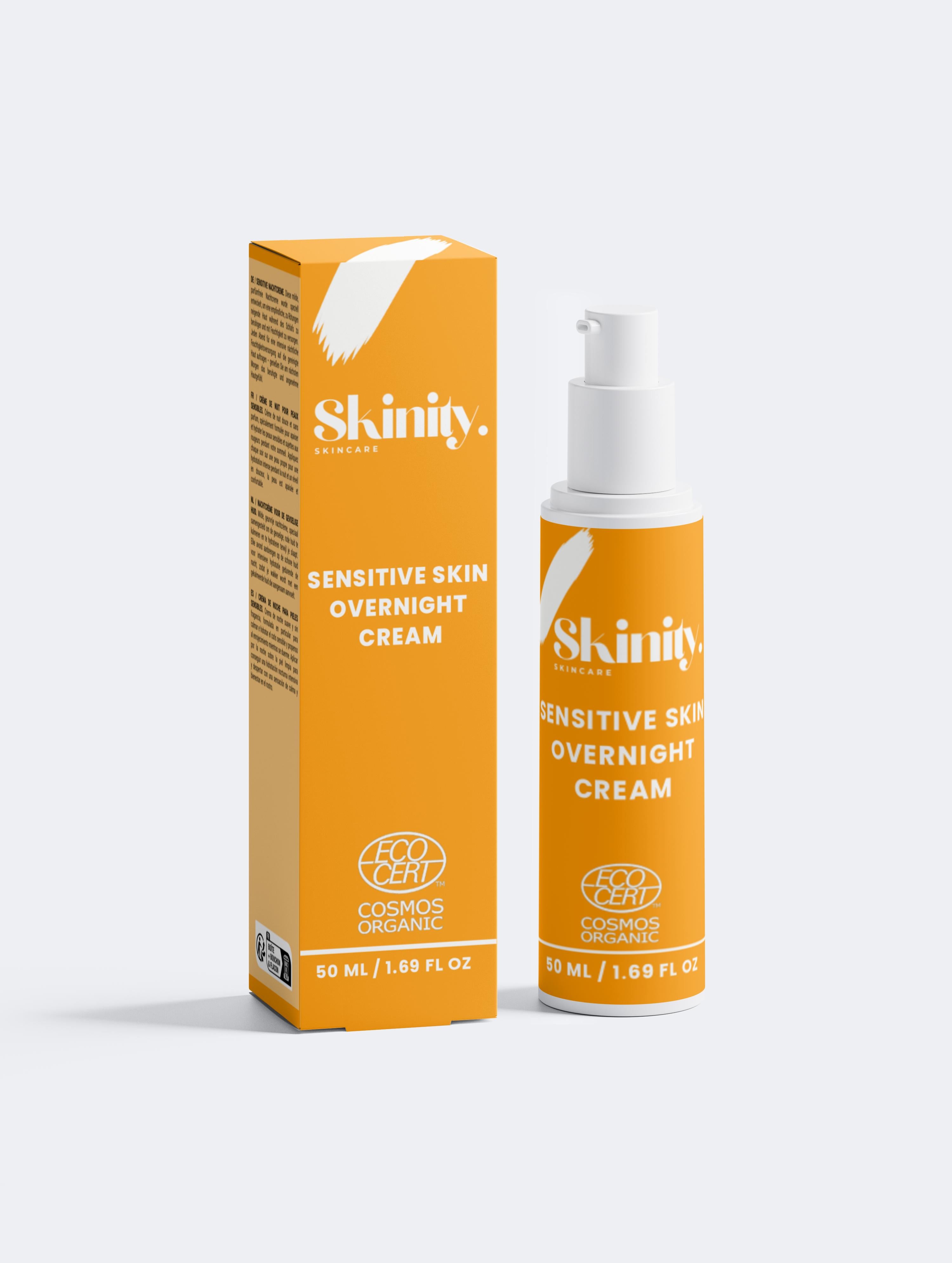 Sensitive Skin Overnight Cream Fragrance Free packaging and bottle designed for soothing sensitive skin at night.