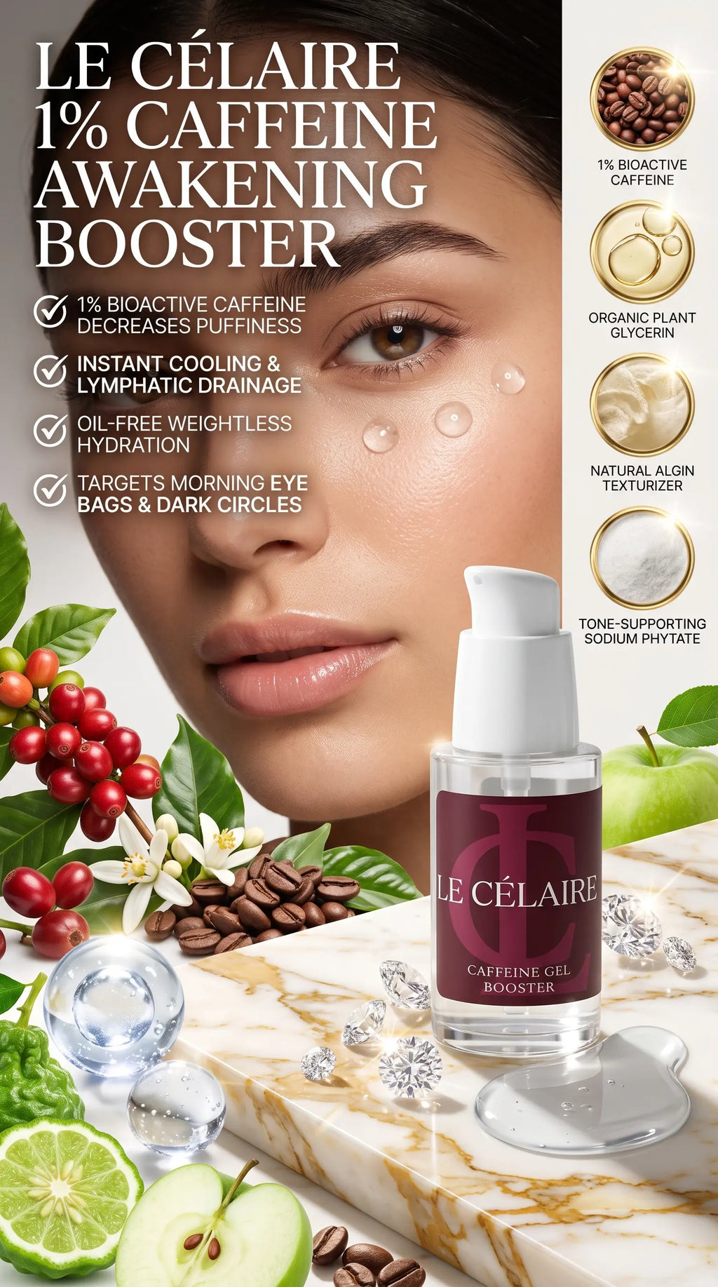 Billionaire-tier 9:16 commercial skincare advertisement for Le Célaire Caffeine Gel Booster, featuring the clear glass pump bottle beside glowing model skin with under-eye gel micro-dots, fresh coffee cherries, diamonds, and an instant depuffing benefits checklist.