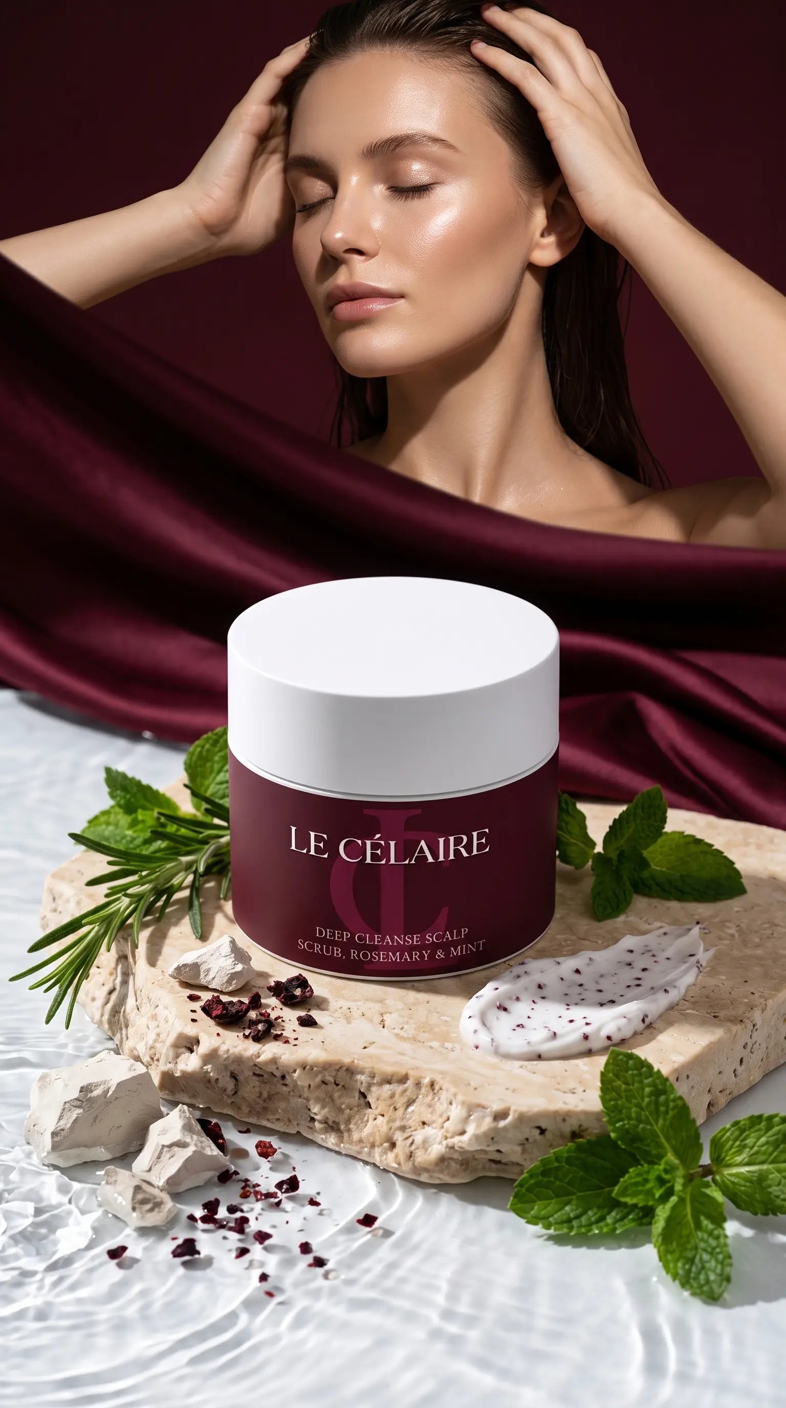 A woman with closed eyes and hands on her head is wrapped in a deep burgundy satin fabric, with a jar of LE CÉLAIRE Deep Cleansing Scalp positioned in the foreground on a stone slab with mint leaves and dried herbs.