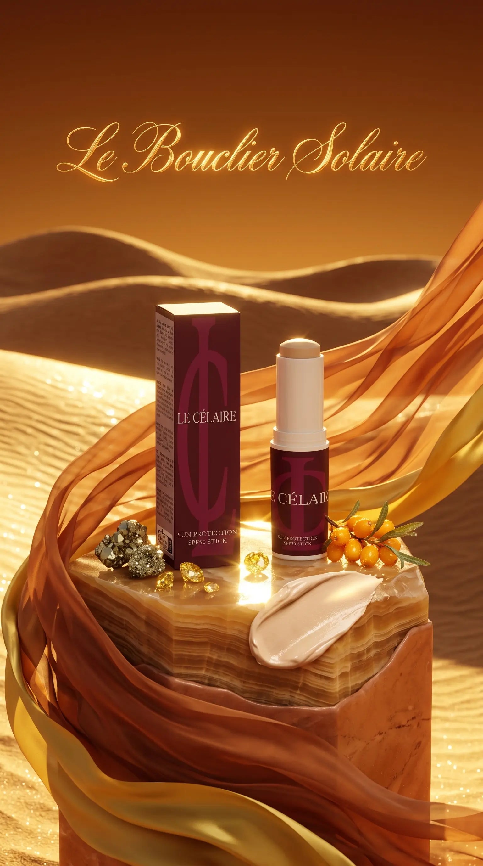 Le Bouchier Solaire makeup set by Le Célère, featuring a deep purple box and bottle with gold lettering, styled on a gold stone pedestal with flowing gold fabric and a cream makeup swatch.