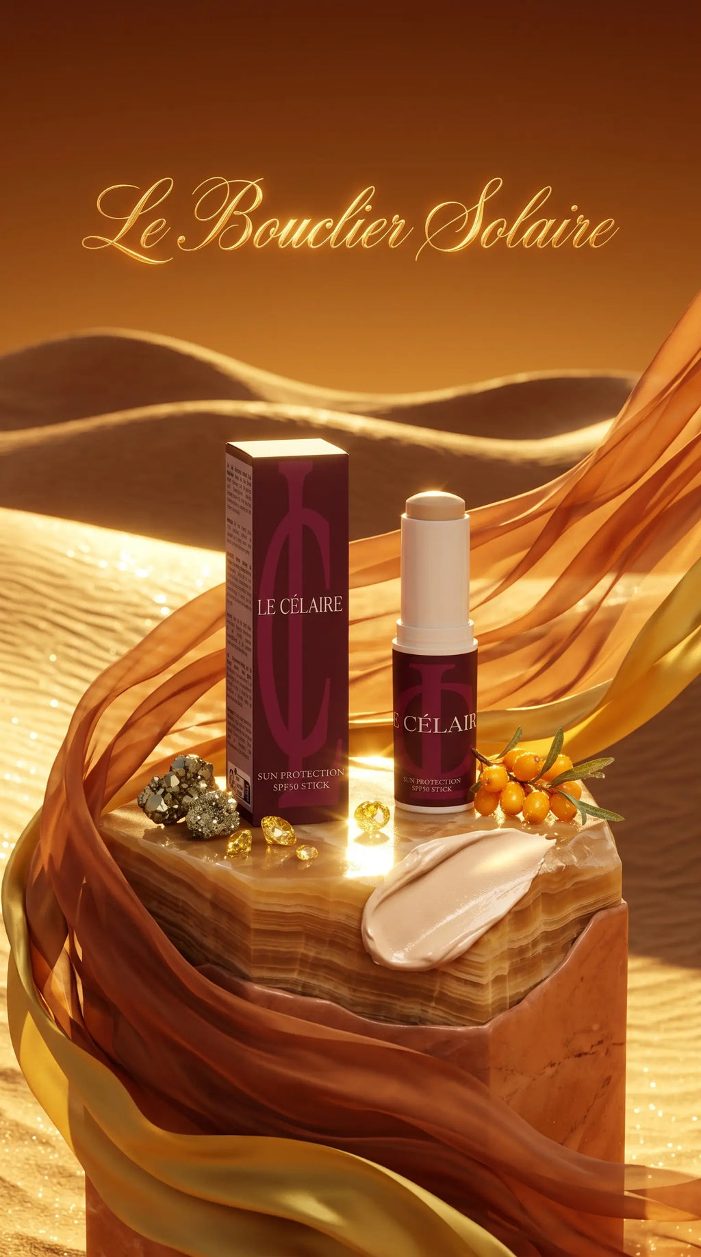 Le Bouchier Solaire makeup set by Le Célère, featuring a deep purple box and bottle with gold lettering, styled on a gold stone pedestal with flowing gold fabric and a cream makeup swatch.