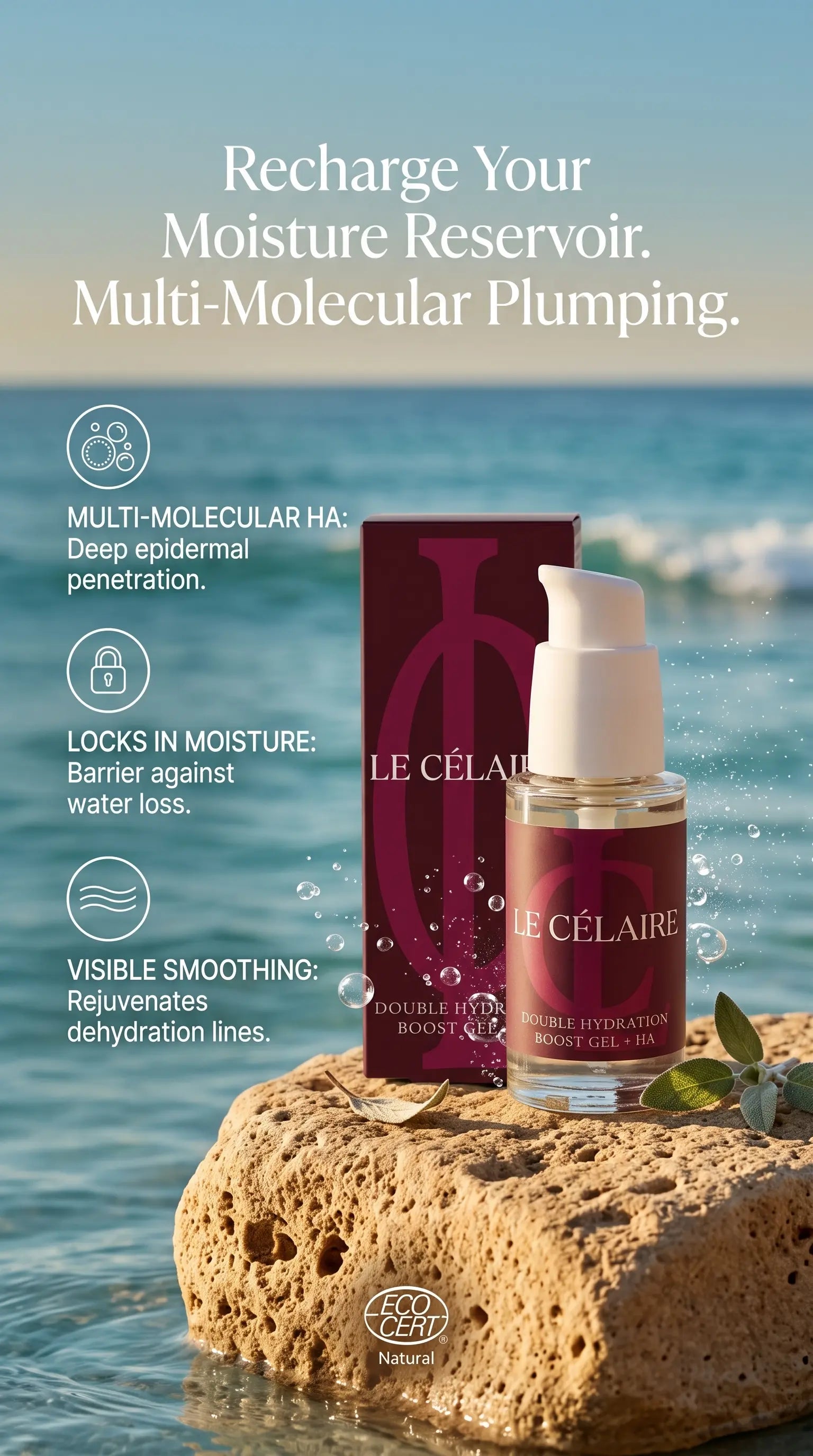 Le Céléaire Double Hydration Moisture Support bottle and box displayed on a rock by the ocean, with marketing text about deep epidermal penetration and barrier protection.