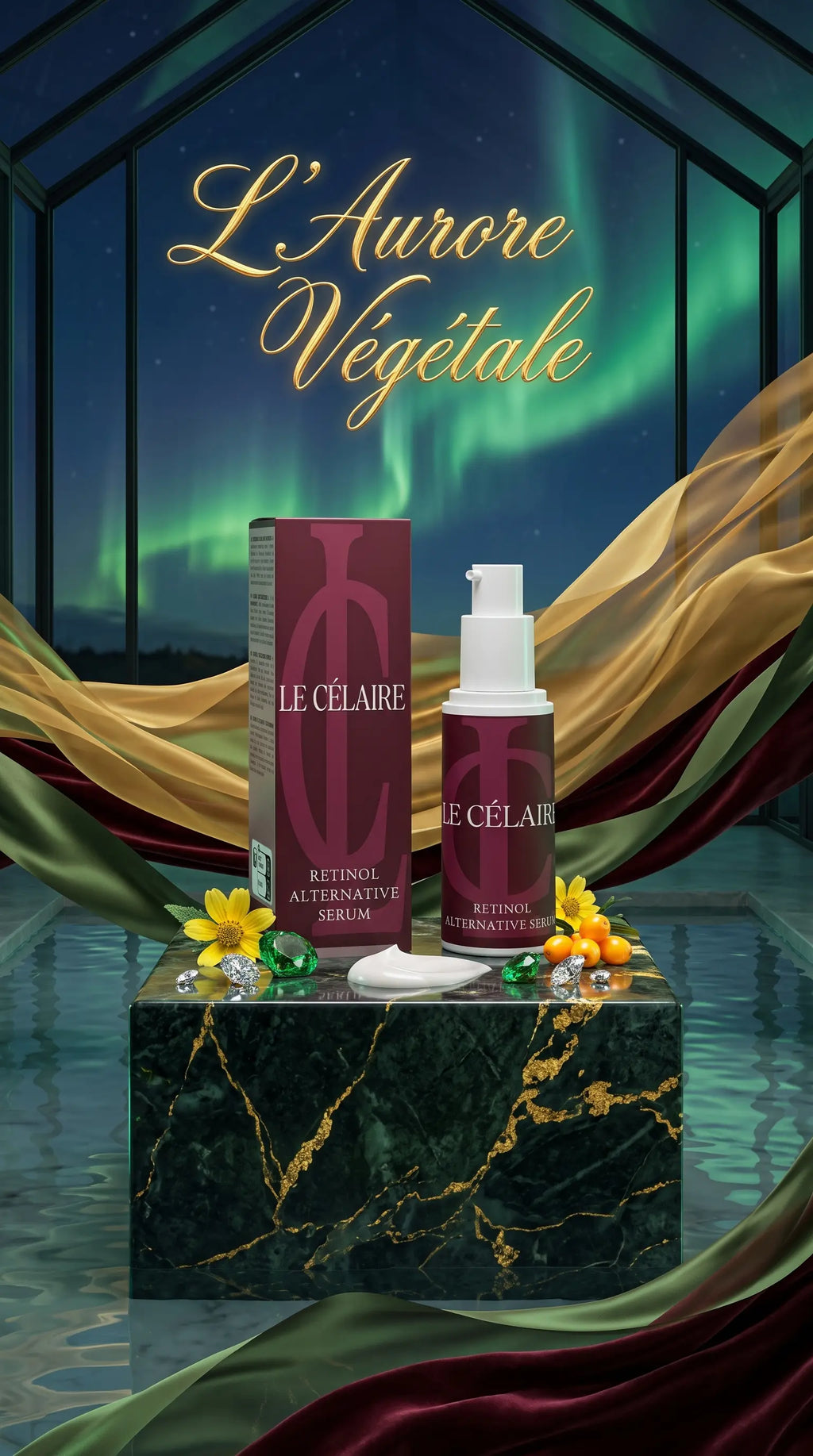Le Célébrity Retinol Alternative Serum and its matching box displayed on a dark green marble pedestal, surrounded by gold and burgundy draped fabric, yellow flowers, and a reflective water surface. The background features a dark window frame with the green aurora borealis and gold cursive text reading 'L'Aurore Végétale'.