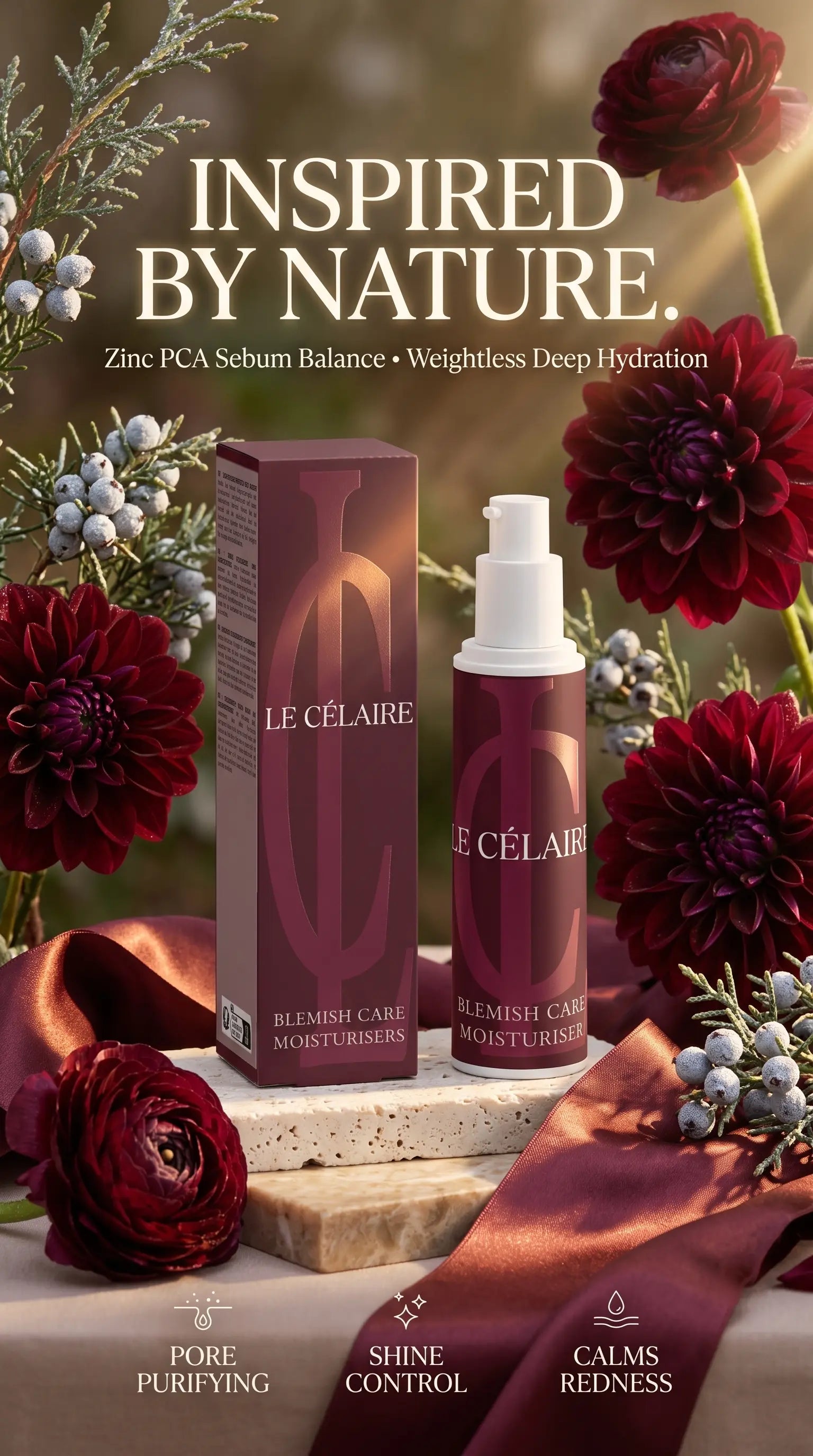 Le Célére Blemish Care Moisturizer shown with its matching box on a styled flat-lay arrangement. The product packaging is a deep burgundy color with gold lettering, set against a background of dark red flowers, green stems, and a warm brown bokeh backdrop.