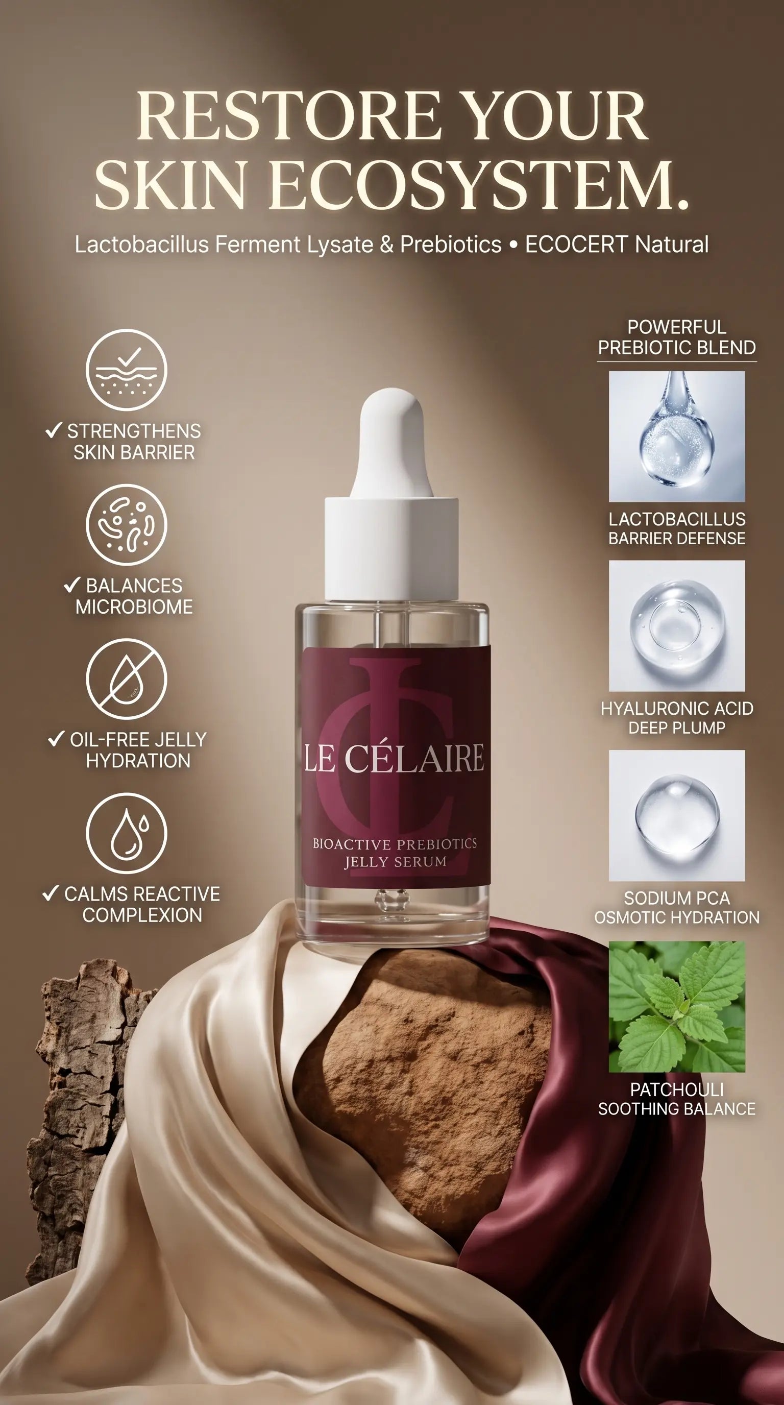 Le Célère Restore Your Skin Ecosystem serum in a clear dropper bottle with a burgundy label, styled on a draped beige satin cloth with a brown clay pot and botanical graphics on a warm brown background.