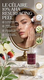 Le Célaire 10% AHA Resurfacing Peel advertisement featuring a woman applying serum to her face in front of a mirror, with product bottle, ingredients, and French text on a marble surface.