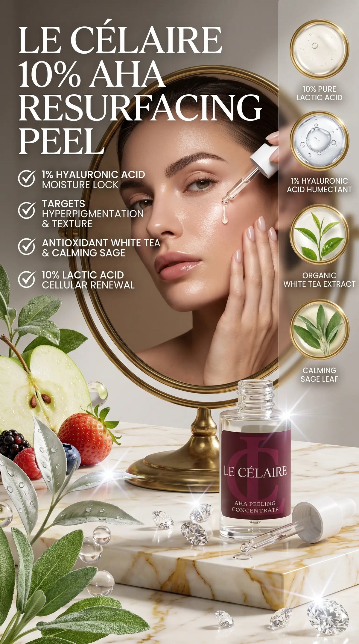 Le Célaire 10% AHA Resurfacing Peel advertisement featuring a woman applying serum to her face in front of a mirror, with product bottle, ingredients, and French text on a marble surface.