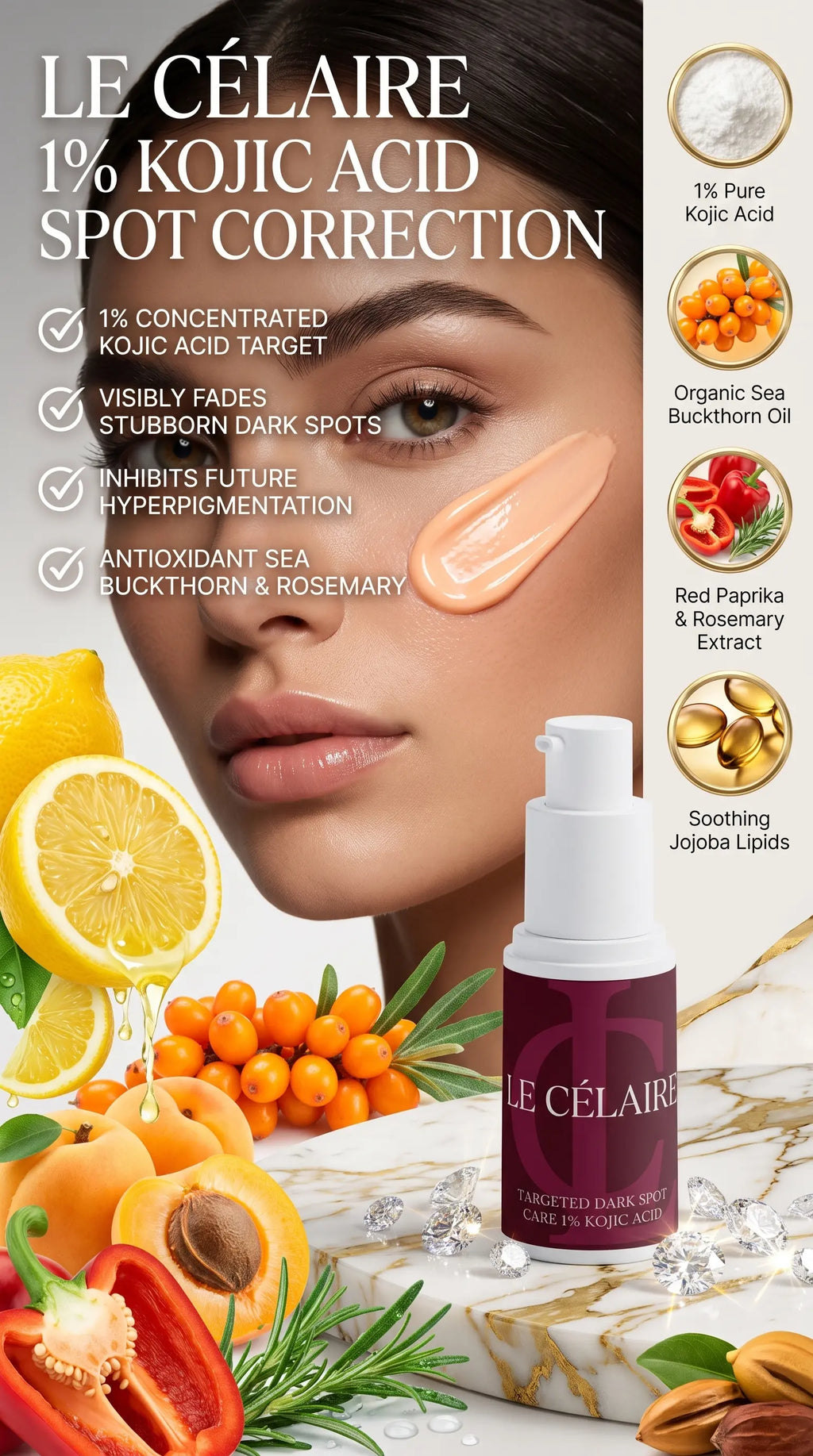 Le Célaire 1% Kojic Acid Spot Correction serum bottle shown on a marble surface with a close-up of a woman's face, lemon slices, berries, and other skincare ingredients around it.