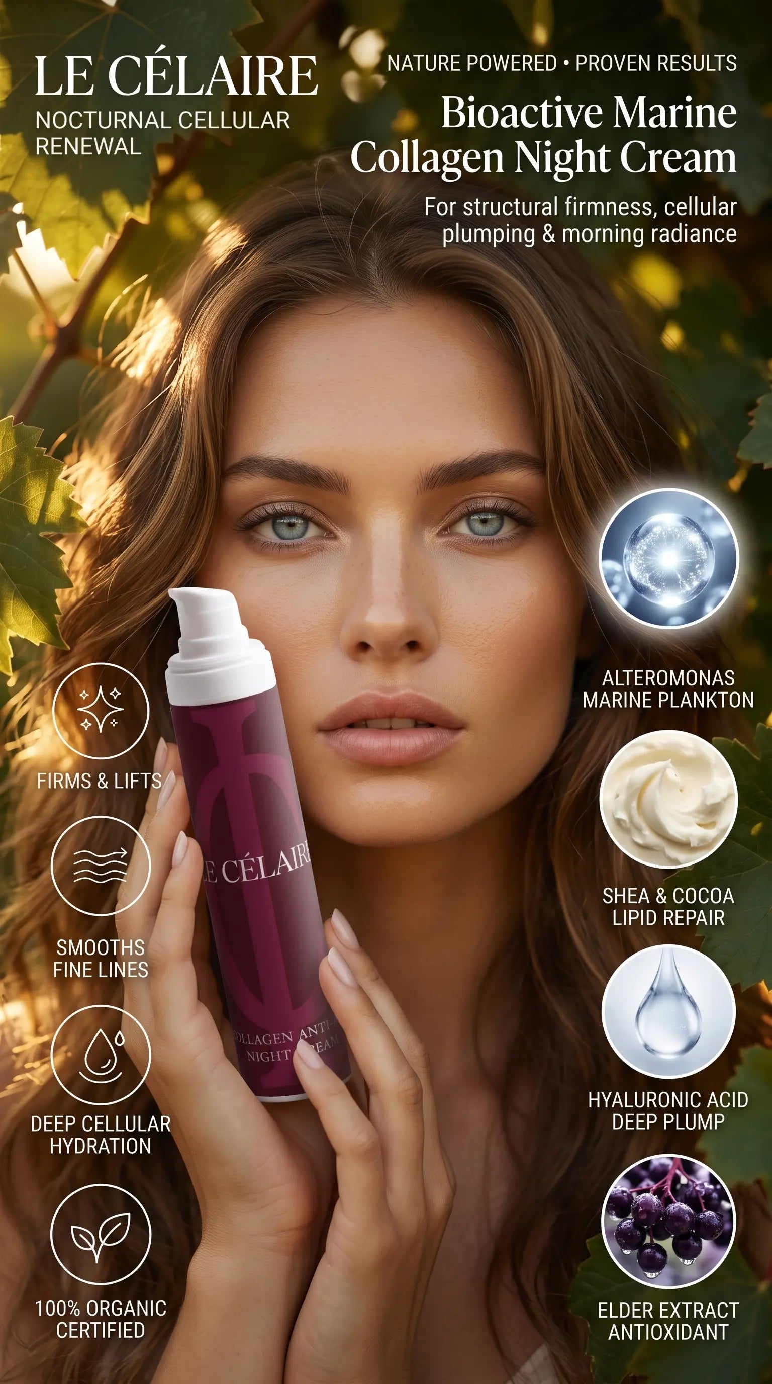 Le Célaire Bioactive Marine Collagen Night Cream bottle held by a woman with a blurred portrait background, surrounded by product benefits and ingredient callouts.