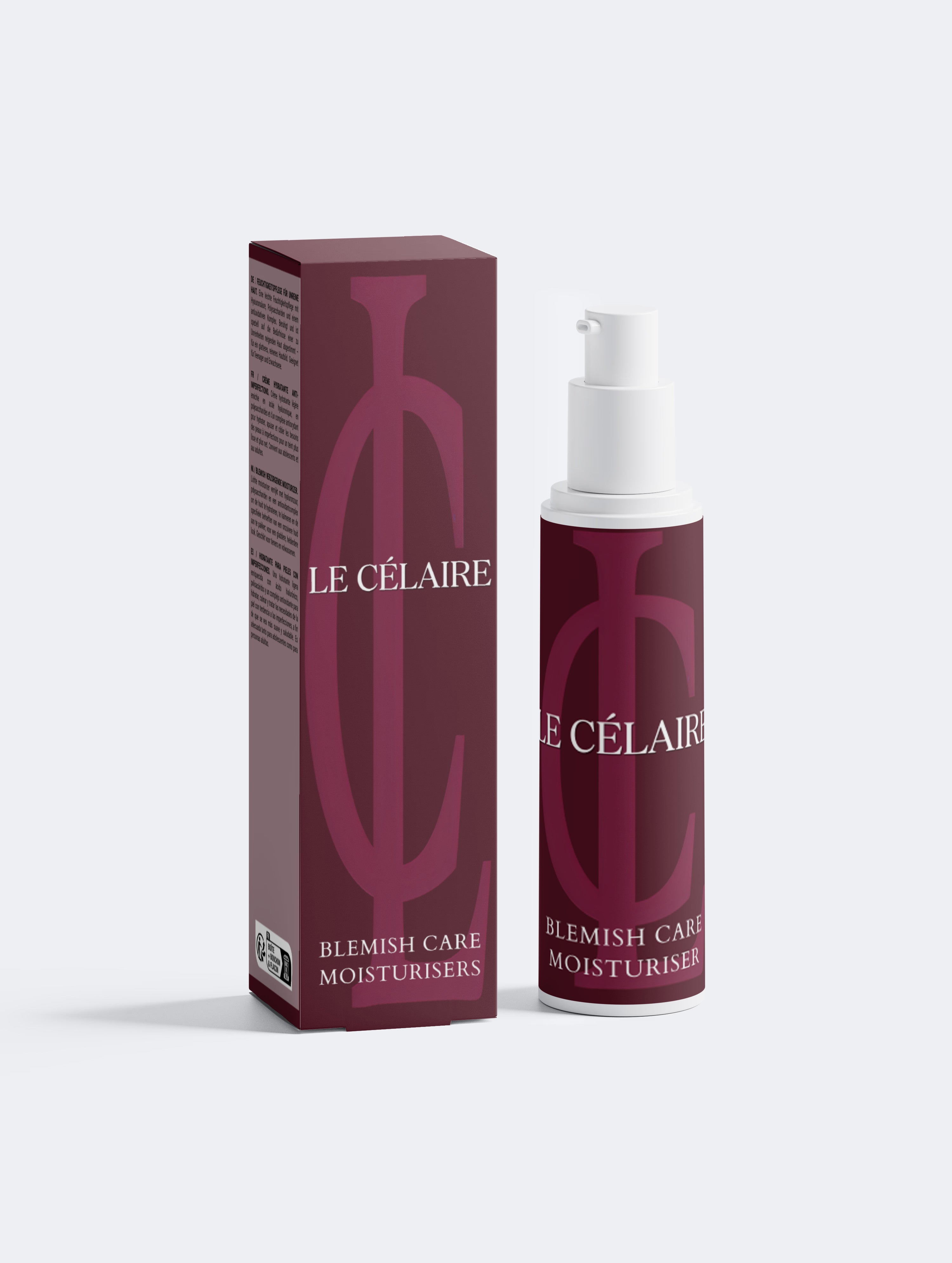 Le Célaire Blemish Care Moisturiser shown as a white pump bottle next to its matching dark burgundy and mauve packaging box on a light gray background.