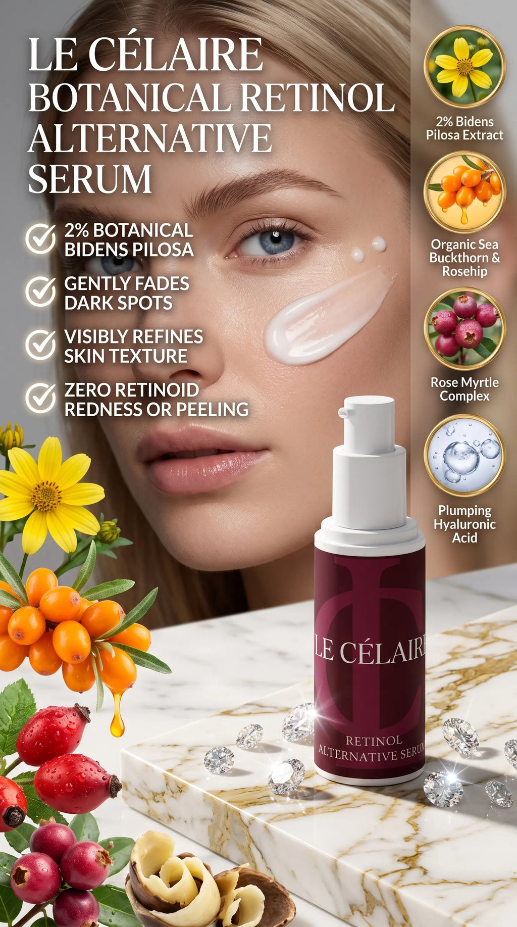 Le Célaire Botanical Retinol Alternative Serum bottle displayed on a marble surface with skincare claims, a close-up of a woman's face showing serum on the cheek, and botanical ingredients including yellow flowers, orange berries, and red rhubarb.
