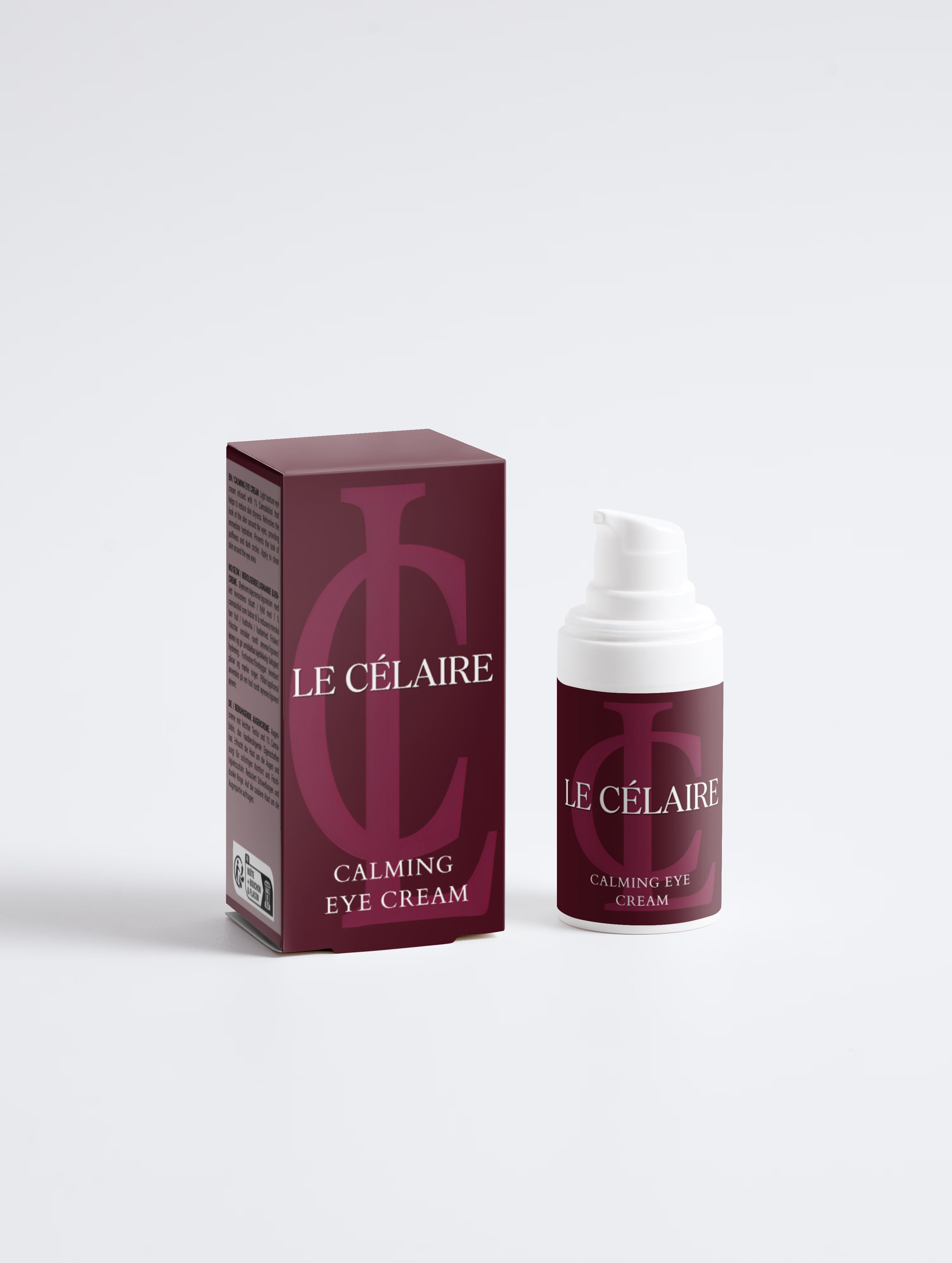 Le Célaire Brightening Eye Cream shown with its retail box and pump bottle on a clean light gray studio background.