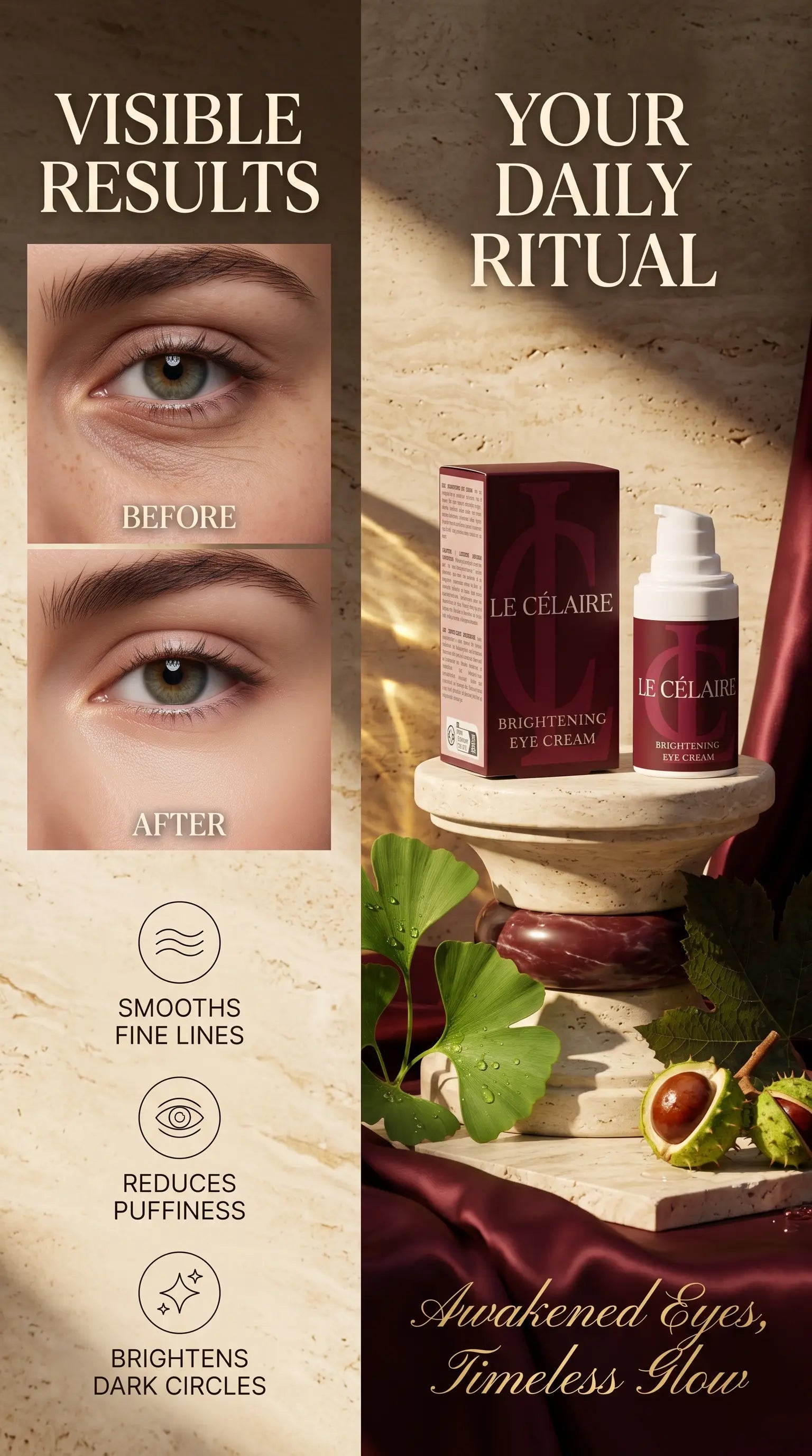 Le Célaire Brightening Eye Cream advertisement showing a before-and-after eye comparison on the left, and the product box and pump bottle displayed on a pedestal on the right with decorative leaves and red fabric.
