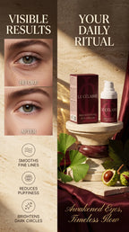 Le Célaire Brightening Eye Cream advertisement showing a before-and-after eye comparison on the left, and the product box and pump bottle displayed on a pedestal on the right with decorative leaves and red fabric.