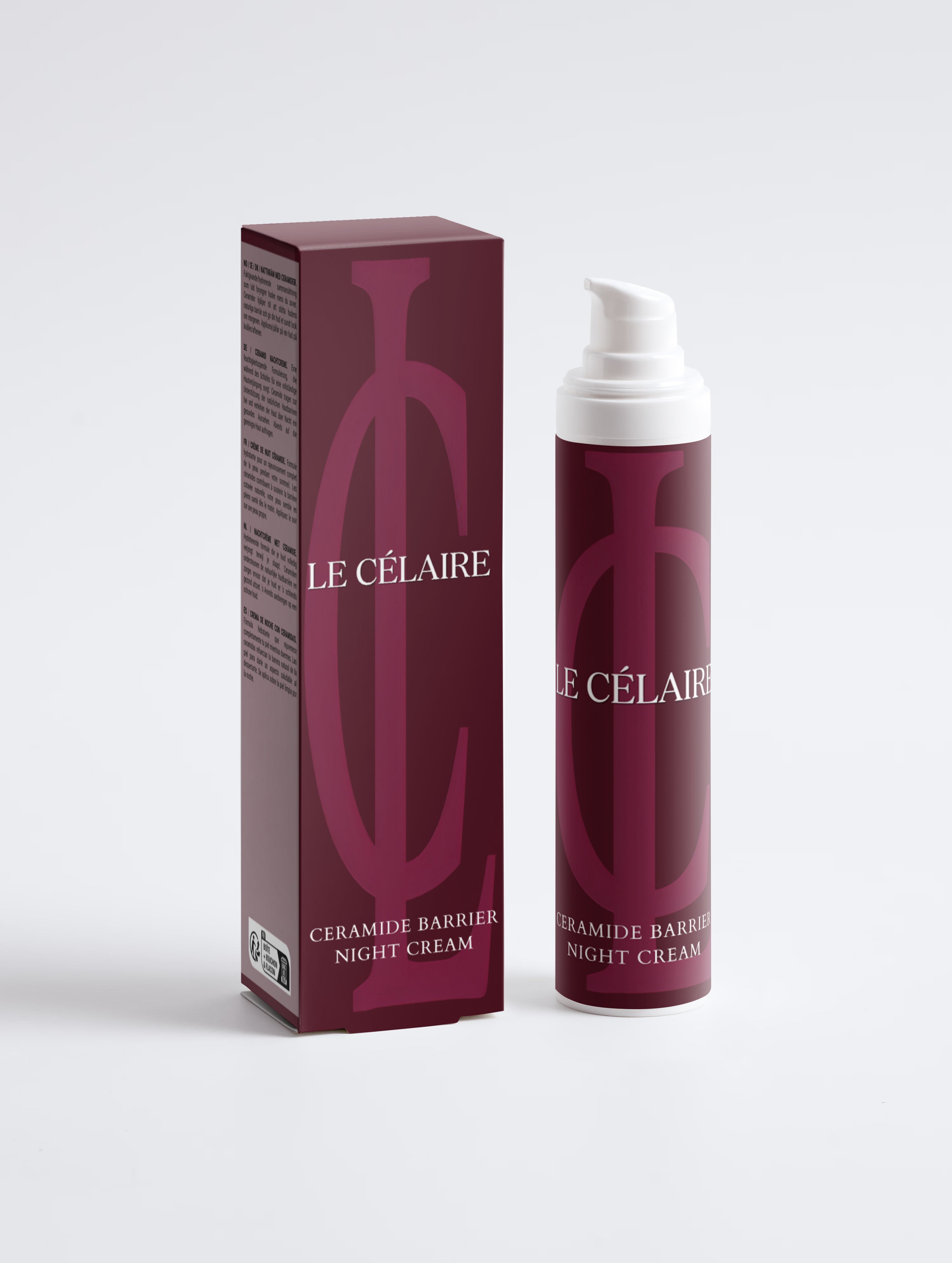 Le Célaire Ceramide Barrier Night Cream shown with its matching dark burgundy box and pump bottle on a clean white background.