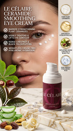 Le Célaire Ceramide Smoothing Eye Cream bottle displayed on a marble surface with cosmetic cream, leaves, nuts, and a close-up of a woman's face in the background, with product claims listed on the left and ingredient icons on the right.