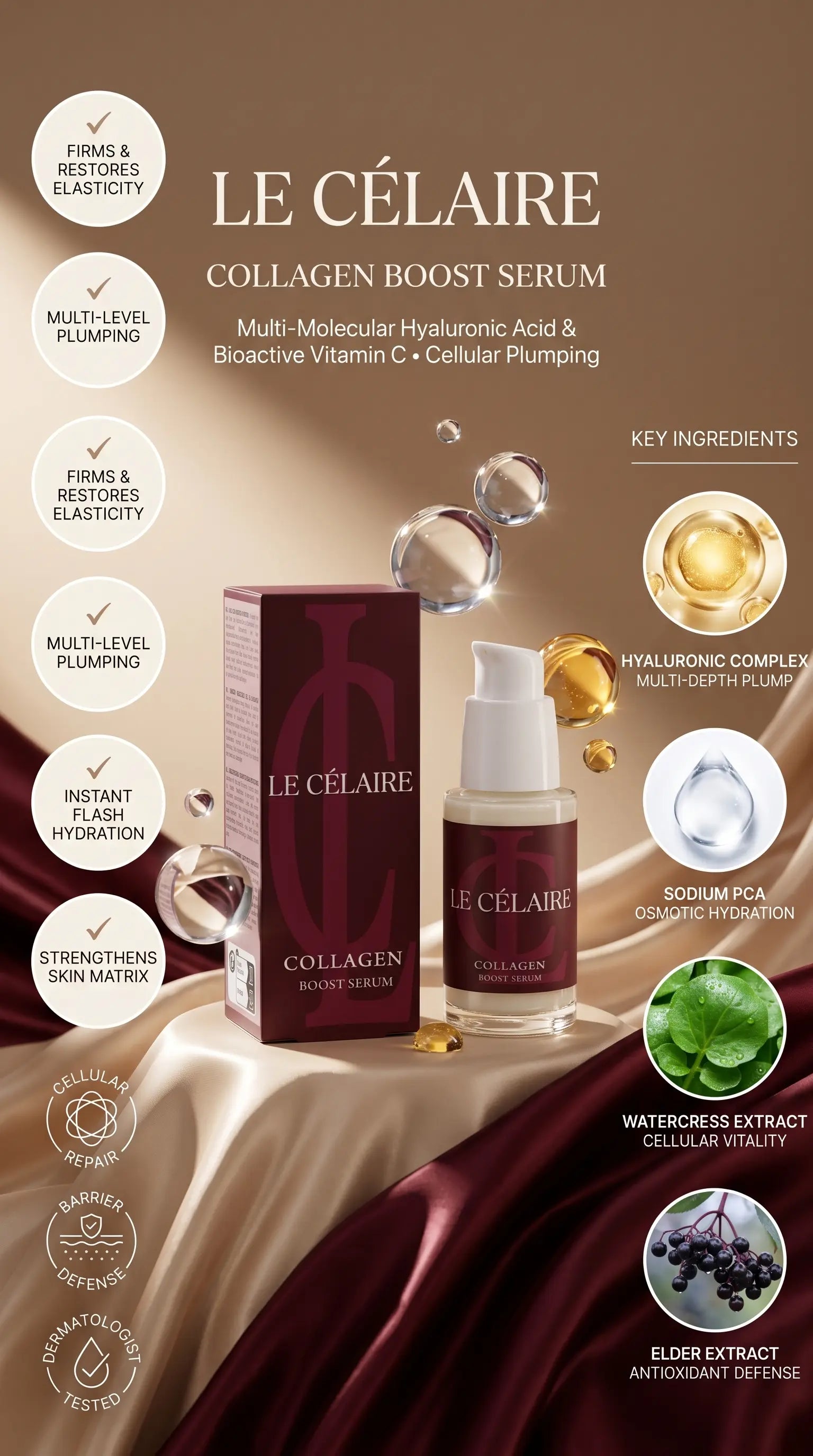 Le Célaire Collagen Boost Serum bottle and its matching box displayed on a draped brown satin surface with decorative gold spheres and ingredient callouts around it.