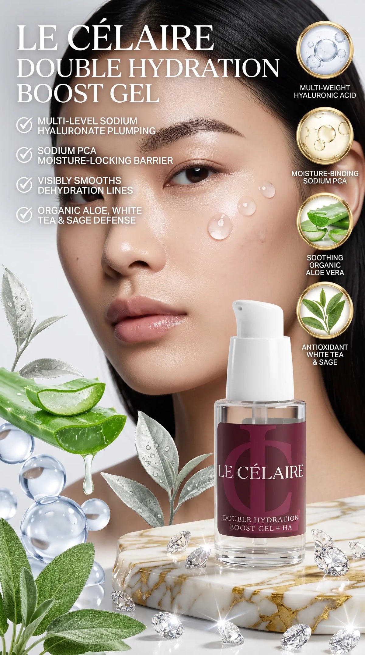 Le Célaire Double Hydration Boost Gel skincare bottle displayed on a marble slab with a close-up of a woman's face, water droplets, aloe leaves, and product feature callouts on a dark background.