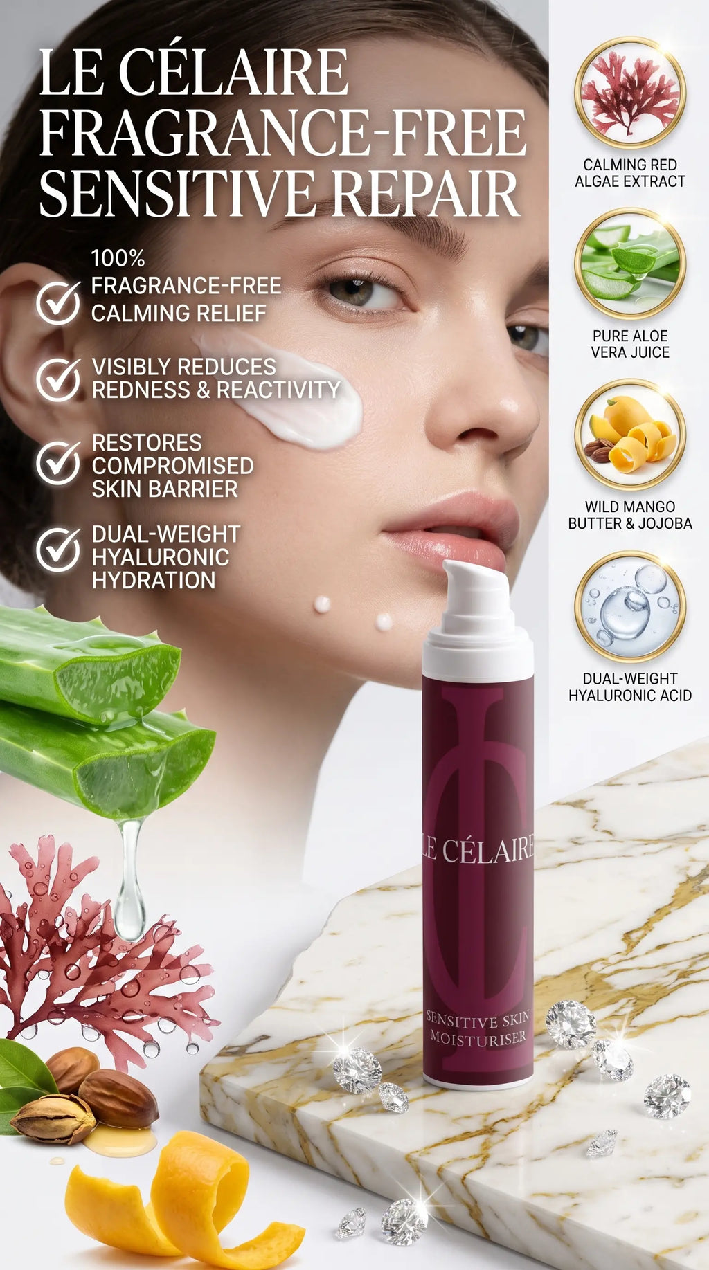 Le Célaire Fragrance-Free Sensitive Repair moisturizer pump bottle shown on a marble surface with skincare ingredients and a woman's face in the background. The ad includes text callouts and ingredient icons.