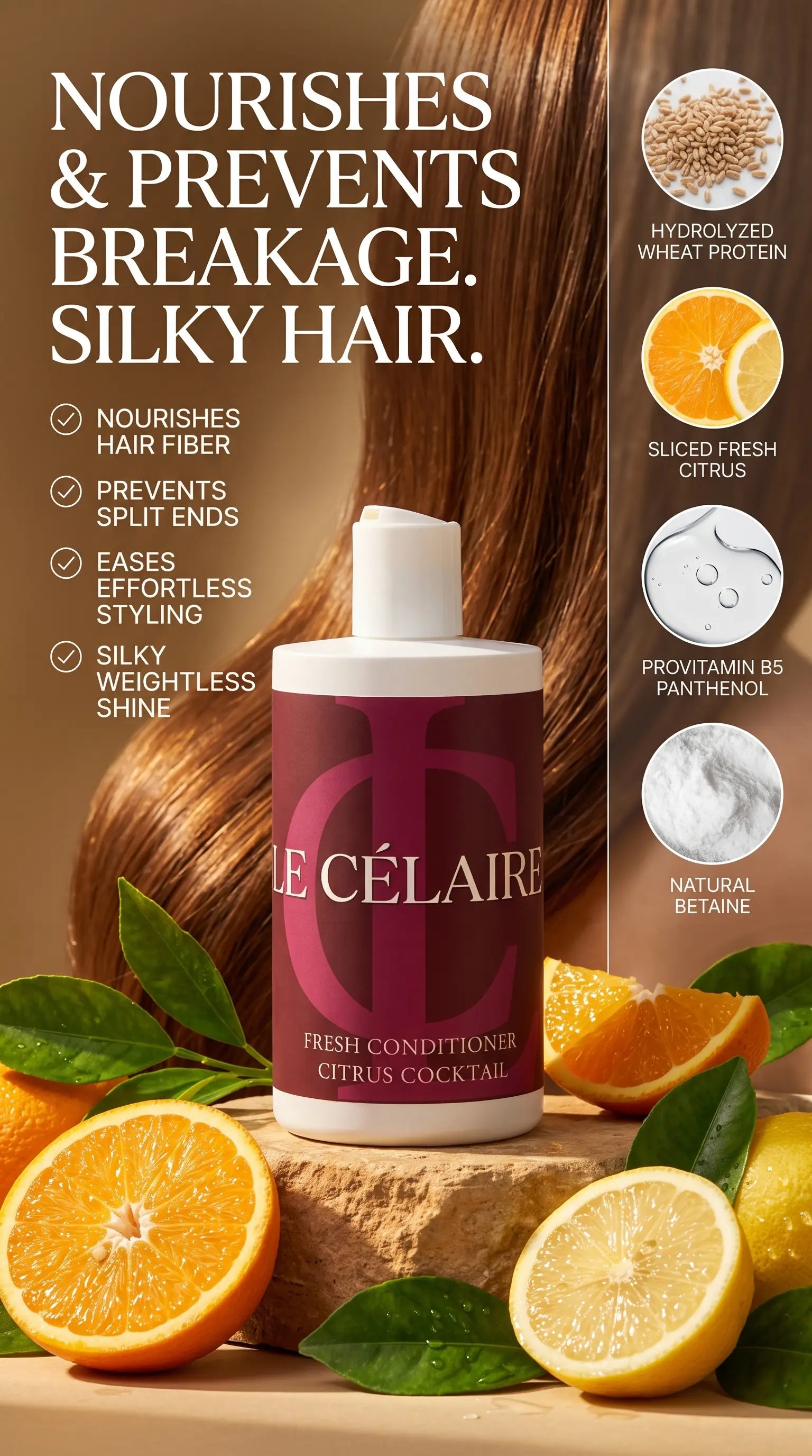 Le Célaire Fresh Conditioner Citrus Cocktail bottle displayed with sliced oranges, lemons, and green leaves on a wooden surface, with promotional text and ingredient callouts on a warm brown background.
